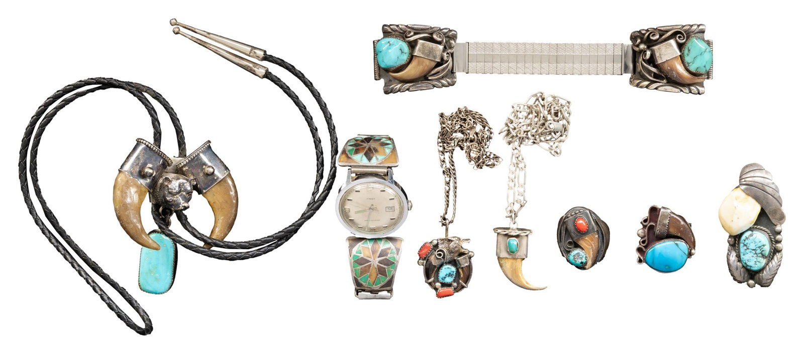 GROUP OF SILVER, TURQUOISE, & BEAR CLAW NAVAJO- (1 of 2)
