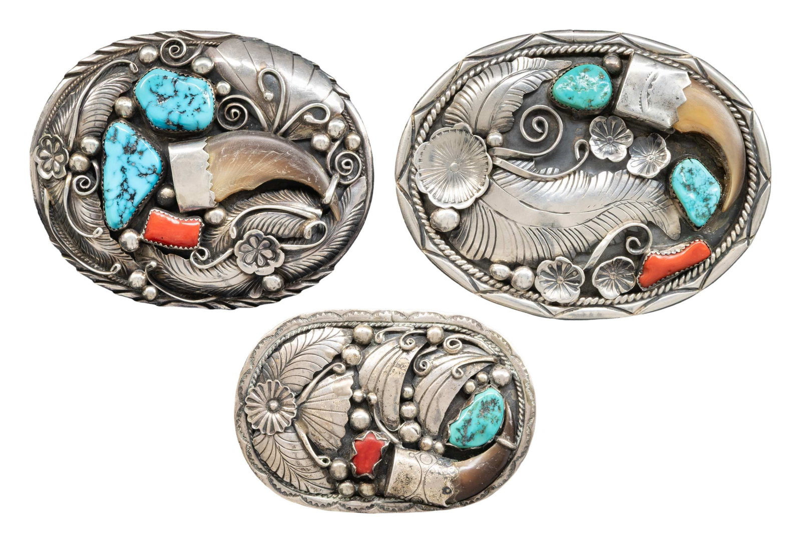 THREE NAVAJO SILVER TURQUOISE, RED CORAL & BEAR (1 of 2)