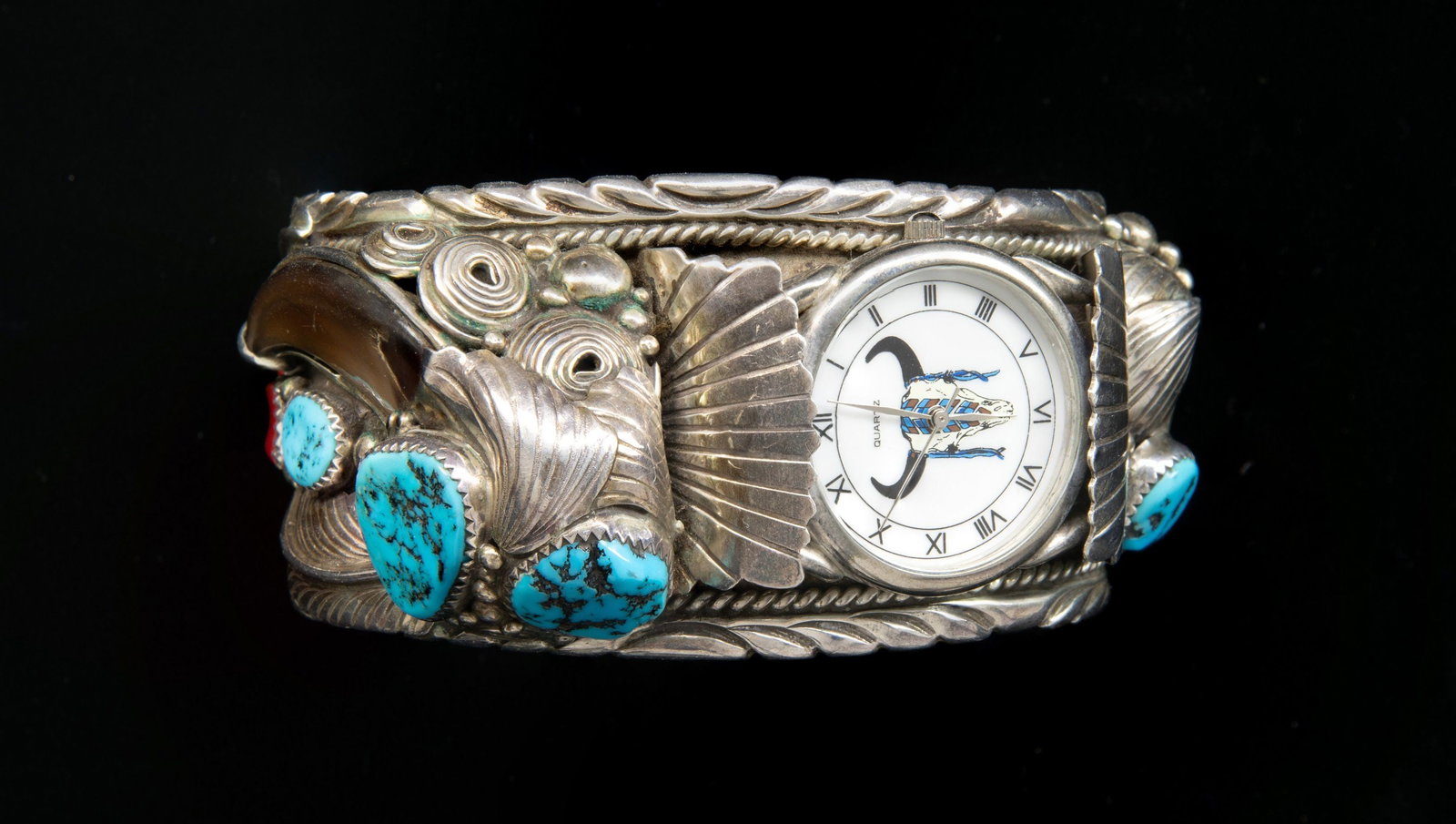 "ELAINE SAM" SIGNED STERLING NAVAJO TURQUOISE, RED: CORAL & BEAR CLAW BRACELET WATCH. 8" x 1.6" heavy bracelet holding watch decorated with 2 bear claws, red coral & turquoise, signed "NAVAJO / HANDMADE / ES", 114 grams. CONDITION: good. (02-27023-2/JS
