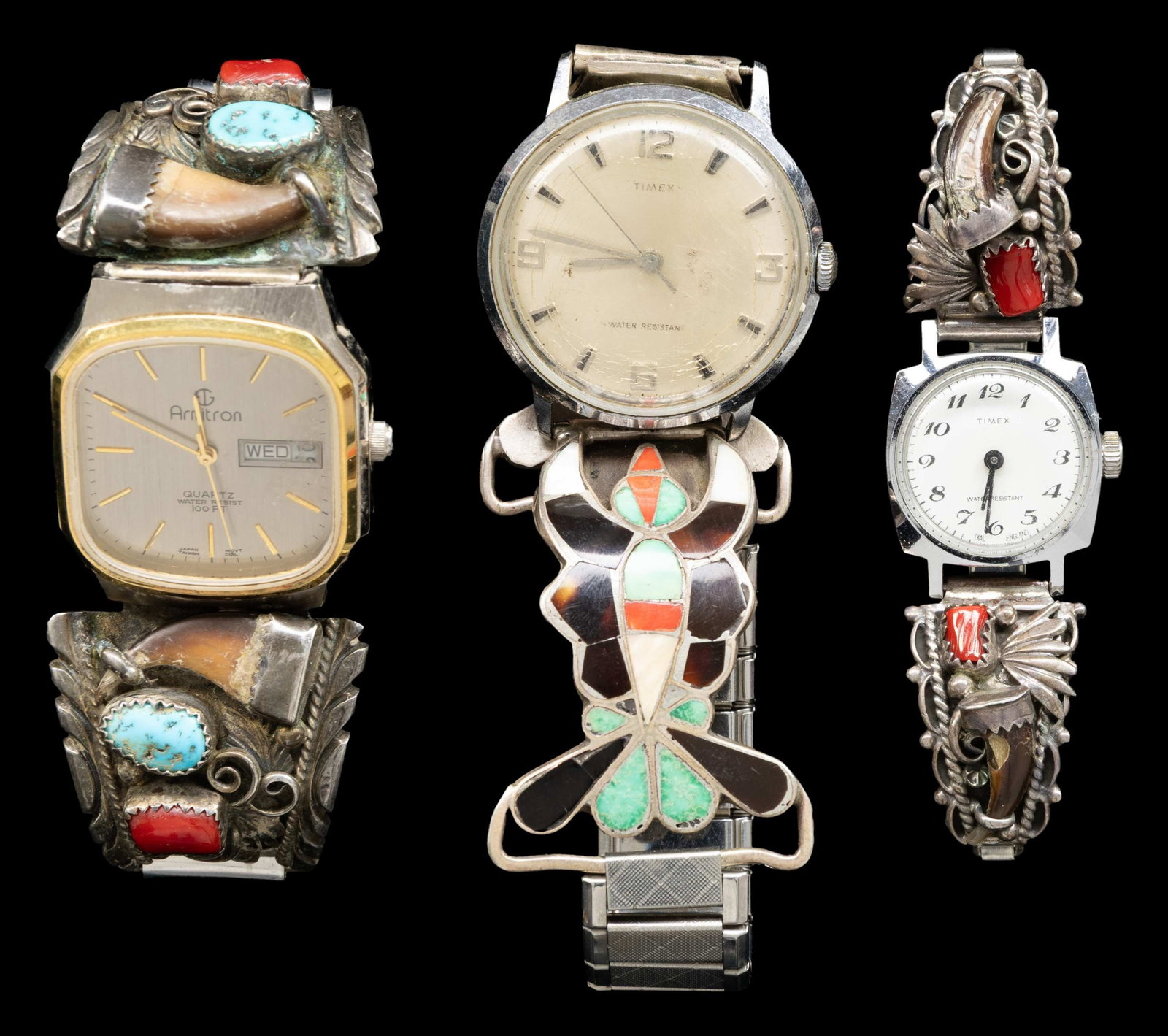 THREE VINTAGE NAVAJO & ZUNI SILVER DECORATED WRIST (1 of 2)