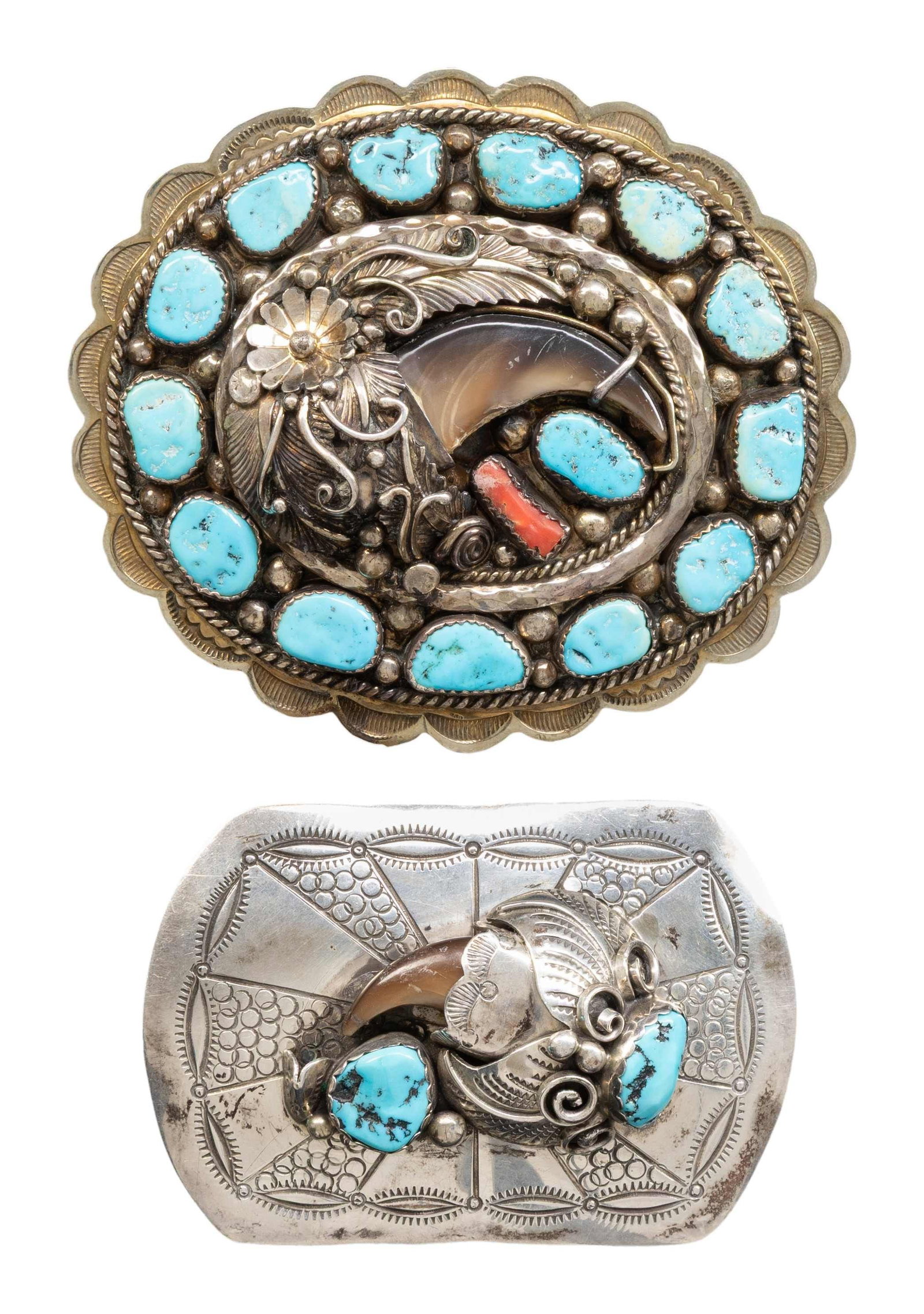 TWO STERLING SILVER TURQUOISE & BEAR CLAW: DECORATED BELT BUCKLES. 3.75" x 3.25" & 3" x 2" buckles, both marked sterling. Navajo-style turquoise & bear claw inset decorated, total weight 170 grams. CONDITION: good. (02-27023-7/JS). NON-GUN. $2