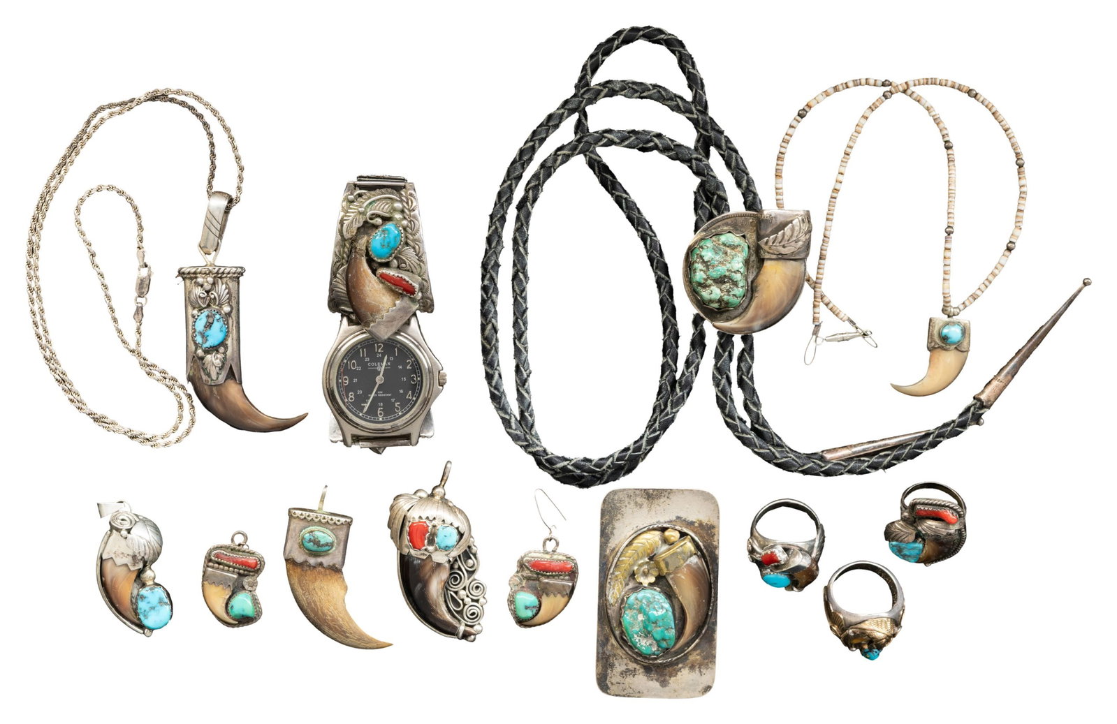 GROUP OF SILVER NAVAJO TURQUOISE & BEAR CLAW (1 of 2)
