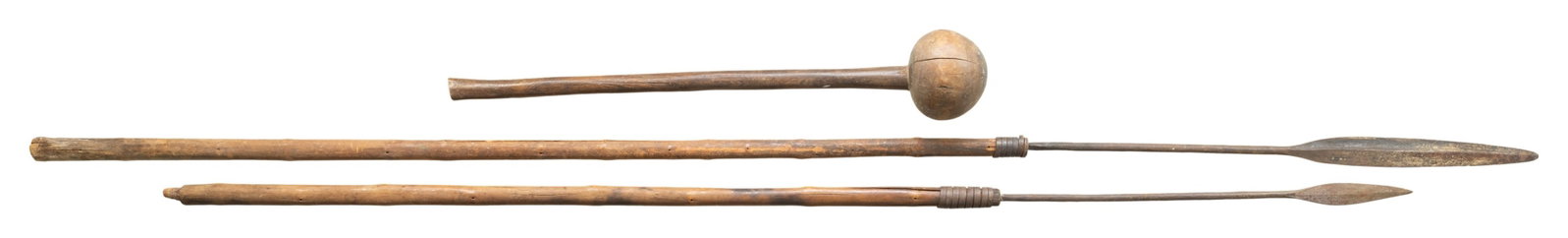 2 AFRICAN IRON TIPPED SPEARS AND WARCLUB. (1 of 2)
