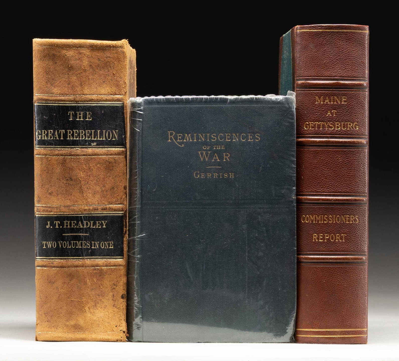 LOT OF 3 ANTIQUE U.S. CIVIL WAR RELATED BOOKS.: Lot of 3 antique U.S. Civil War related books, including: 1) x1 copy of "Reminiscences of the War", by Theodore Gerrish. Book is sealed within protective plastic packaging. CONDITION: good to very