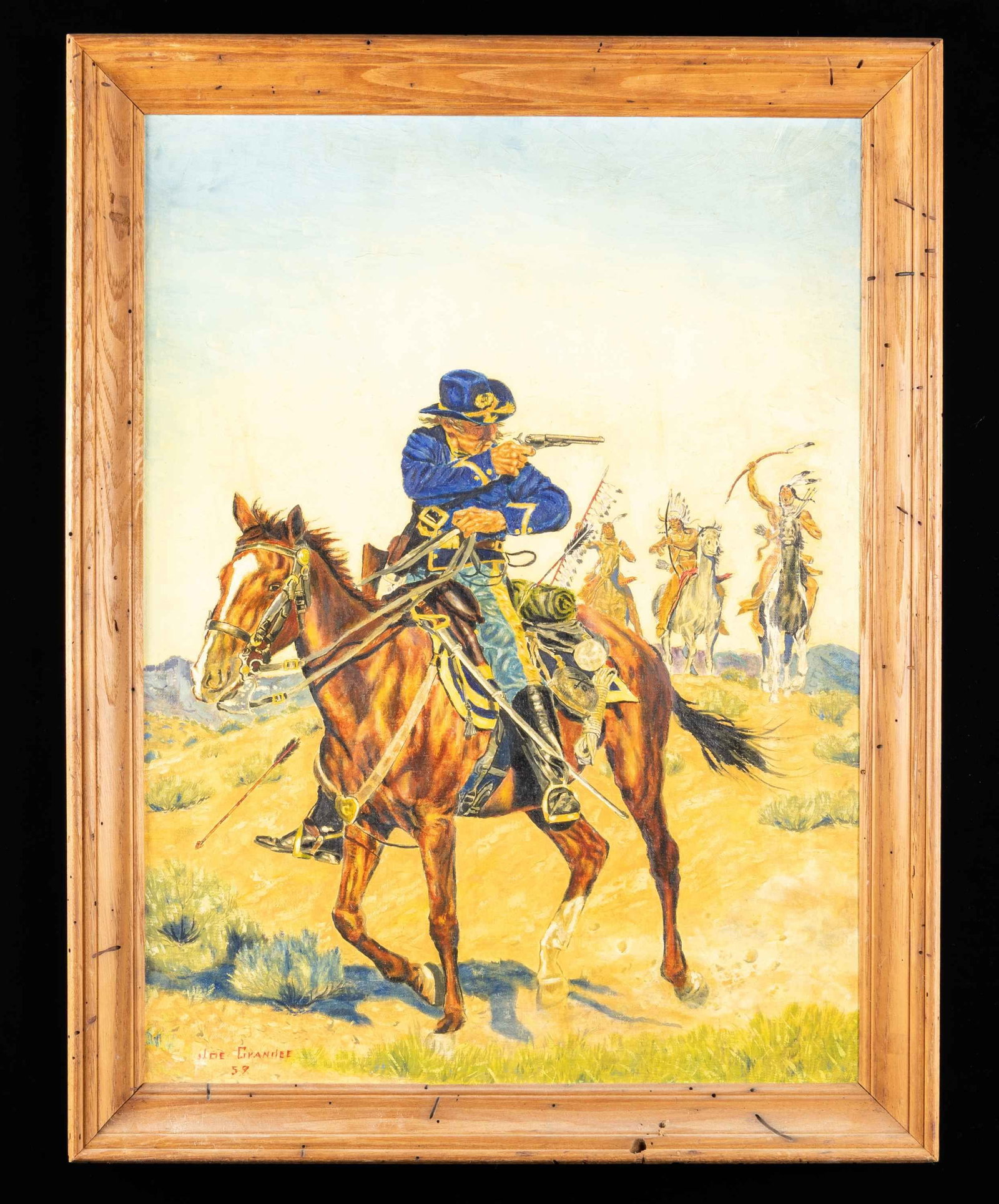 JOE GRANDEE ORIGINAL OIL PAINTING OF CAVALRYMAN: PURSUED BY BRAVES. 24" x 18" oil on artist board, signed and dated 1959. This is among the earliest of his works out there. Joe Ruiz Grandee (1929-2021) a third generation Texan was born in Dallas,