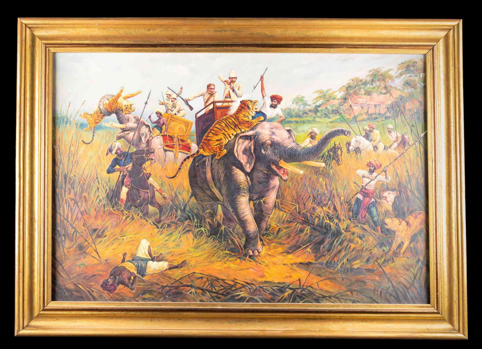 INDIAN SAFARI OIL PAINTING: The sight size of this attractive oil painting is 35" x 23.5", and the frame size is just over 41.5" x 30". The vividly colored painting depicts a confrontation between two lions, four safari hunters,