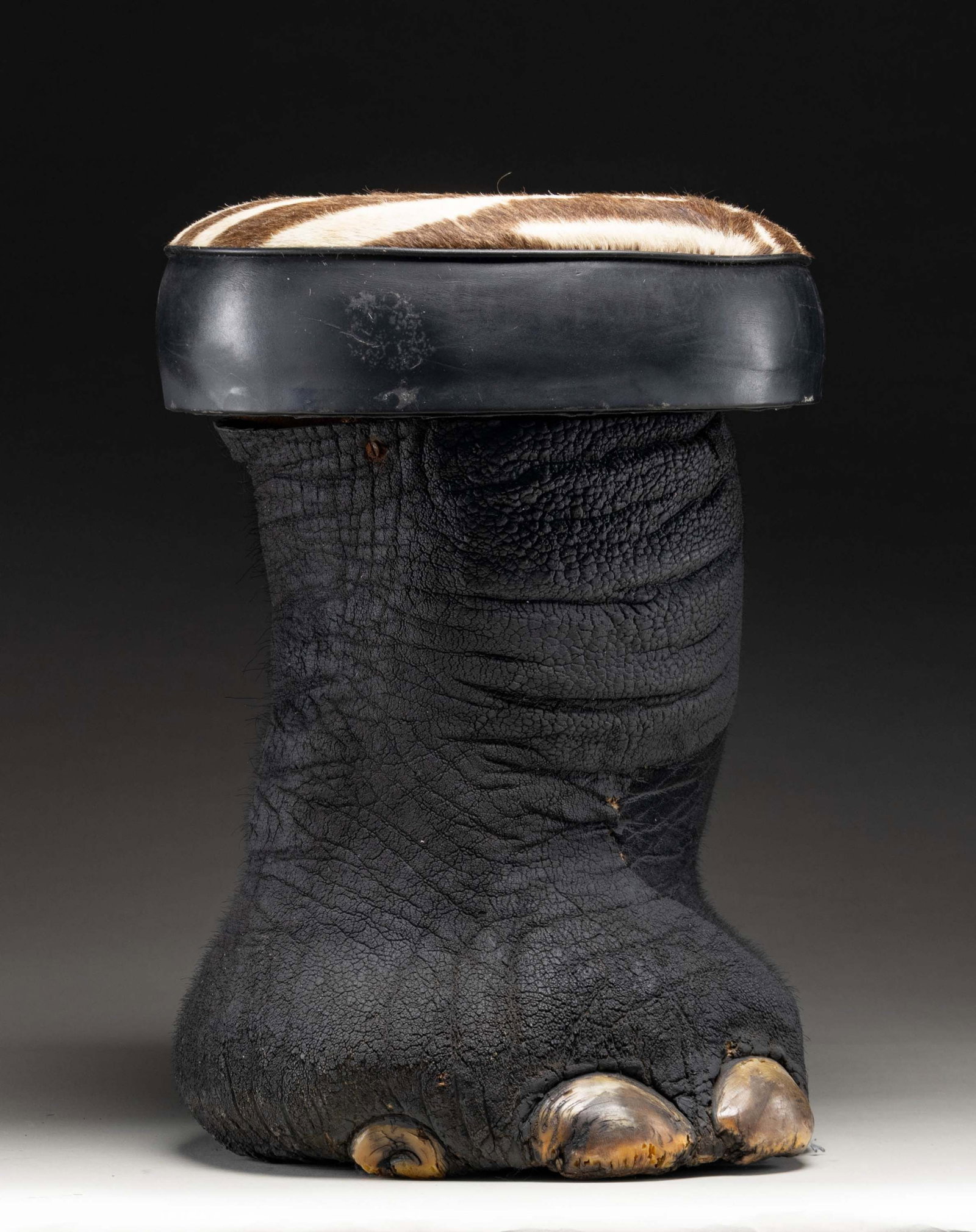 REAL ELEPHANT FOOT MADE INTO A STOOL.: This elephant foot has been made into a sitting stool or foot stool by local craftsmen in India. This example measures approximately 20" in height and approximately 14" in width at the seat. The seat