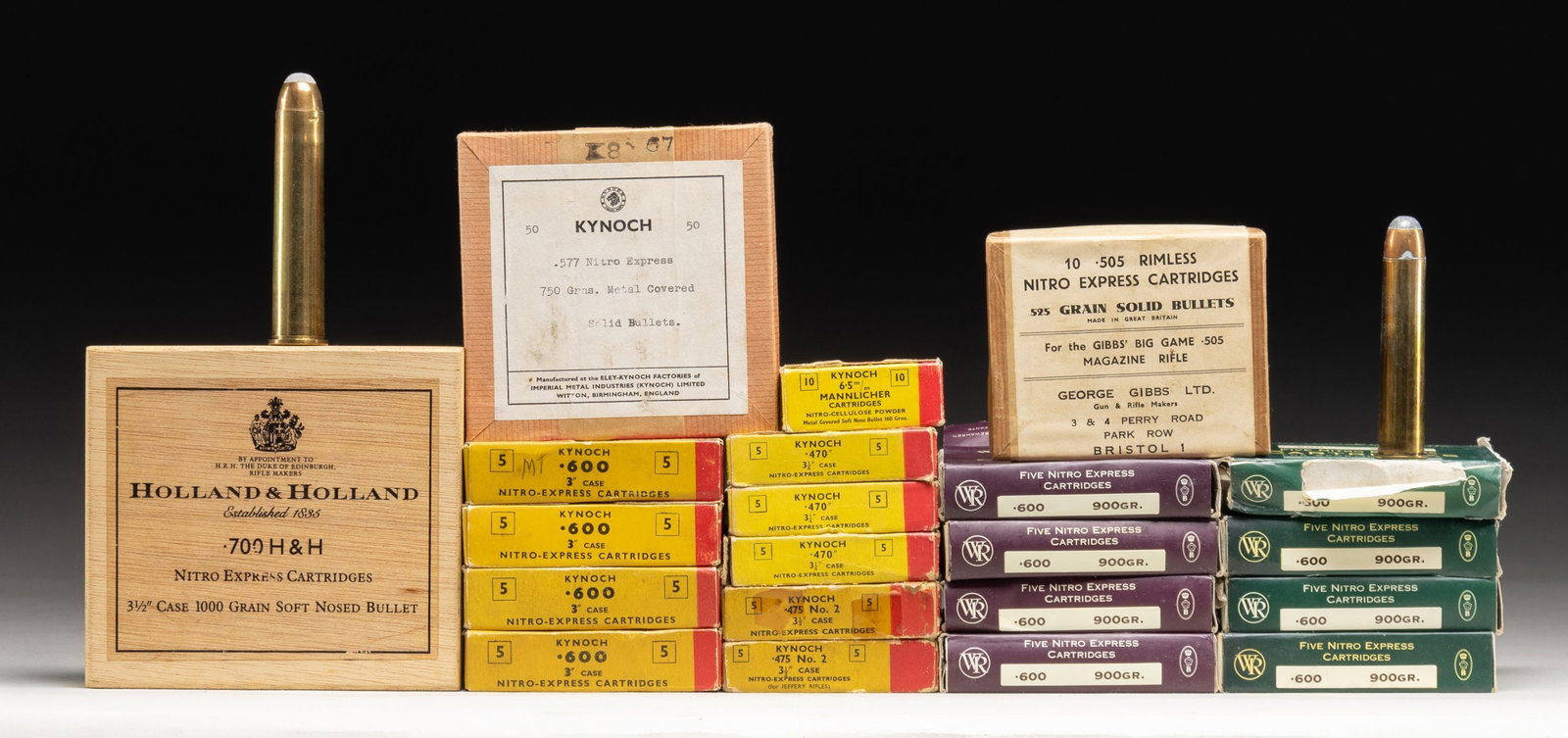 VERY DESIRABLE GROUPING OF 700 NITRO EXPRESS, 600: NITRO EXPRESS AND SIMILAR CALIBERS. Lot consists of: 1.) .700 H&H Nitro Express. 3 1/2" case. 1,000 grain soft nose bullet. Five rounds headstamped "HOLLAND & HOLLAND 700". Card accompanying the