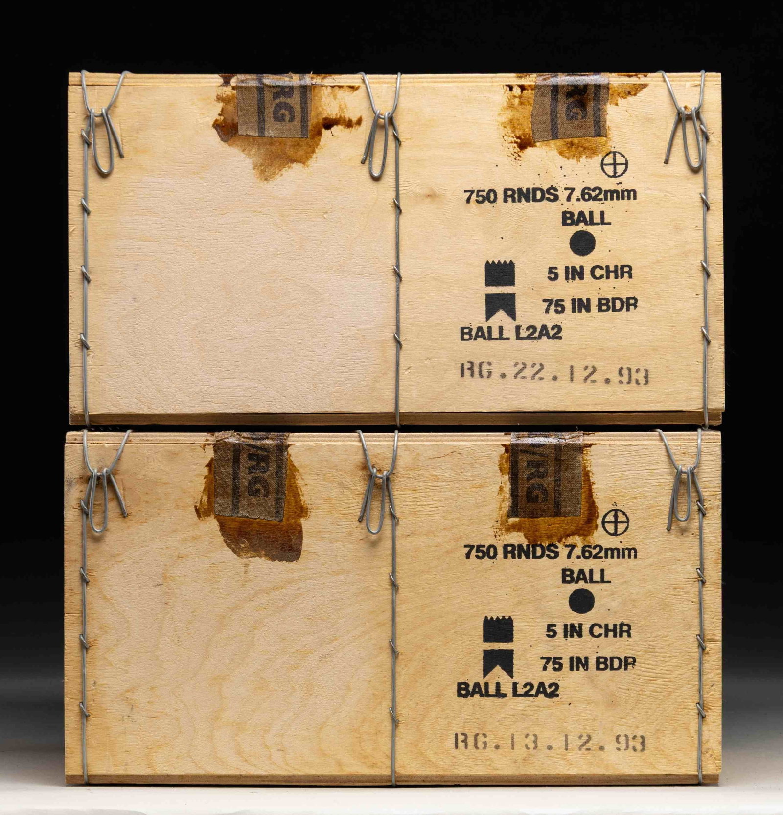 2 CRATES OF 7.62 NATO L2A2 BALL AMMO: 1,500 rds. of British 1993 dated military surplus ammo. CONDITION: crates sealed as is. (02-26594-8/MD). AMMO. $700-1,000.