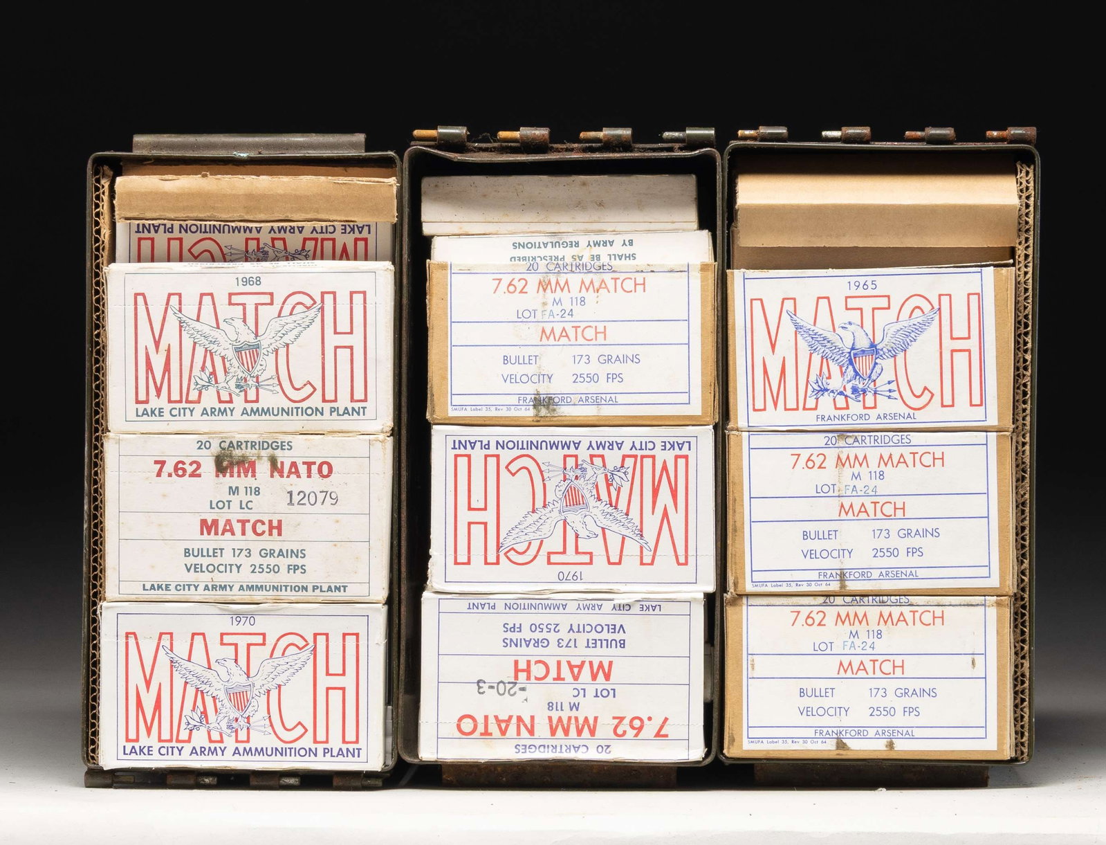 ABOUT 1280 RDS. OF USGI 7.62 NATO MATCH AMMO.: This lot consists of about 1280 rds. of USGI 7.62 NATO match ammo. Some made by Frankford arsenal & some Lake City. Ammo is in 20 rd. boxes & further housed in 3 USGI 50 Cal. ammo cans. CONDITION: