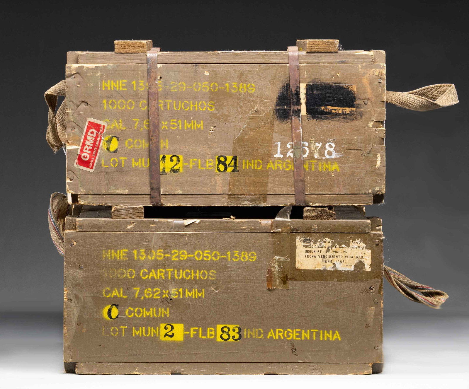 2000 RDS. OF ARGENTINE 7.62 NATO SURPLUS AMMO.: This lot consists of two 1000 rd. crates of Argentine 7.62 NATO FMJ ammo. Crates are sealed with 1980's dates. Ammo is Berdan primed & likely non corrosive. CONDITION: ammo is housed in crates with be