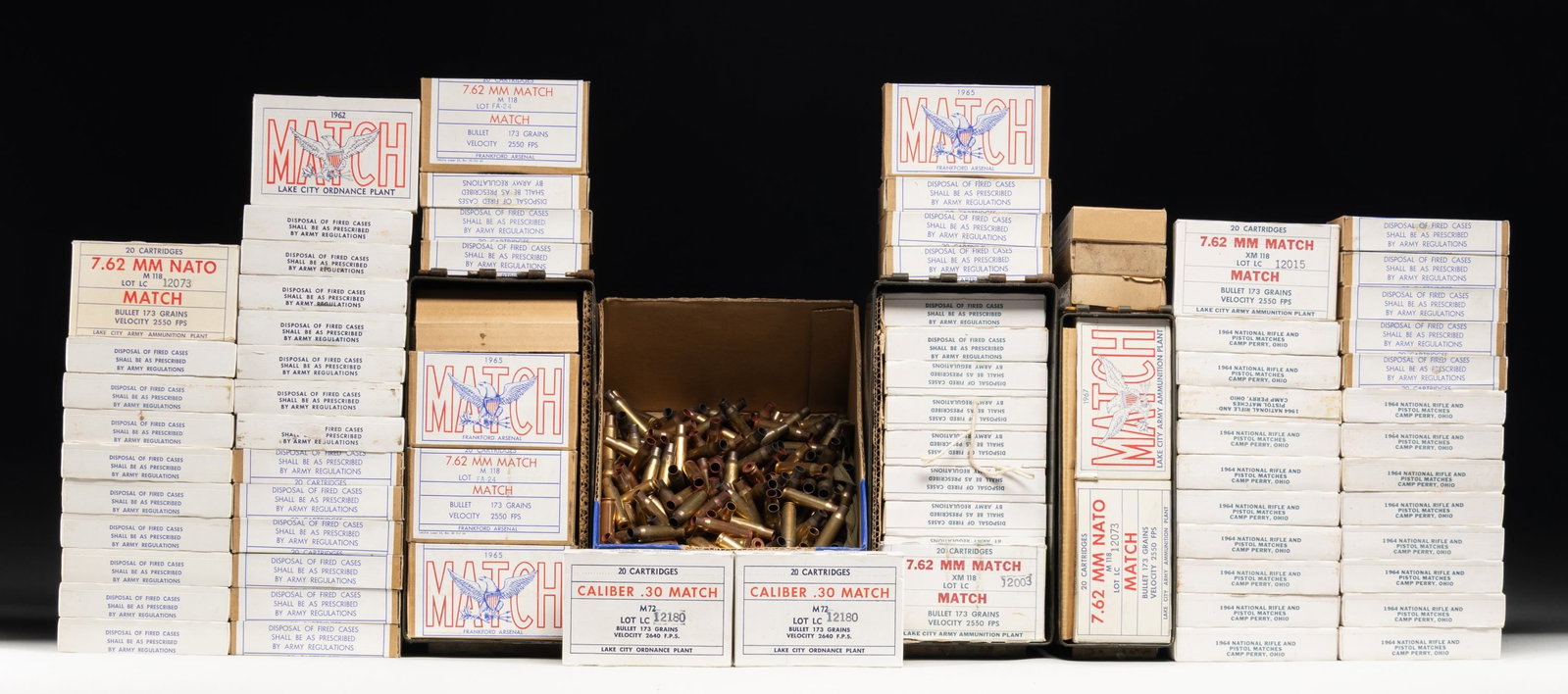 EXTENSIVE GROUPING OF U.S. 7.62 NATO MATCH: AMMUNITION. Group includes: 30-06: 1.) 10 cartons of 20 rounds each, of Lake City Ordnance Plant M72 30-06 Match dated "1962". / 7.62 MM NATO MATCH: 1.) Scarce XM118 Match ammunition dated "1963". 21
