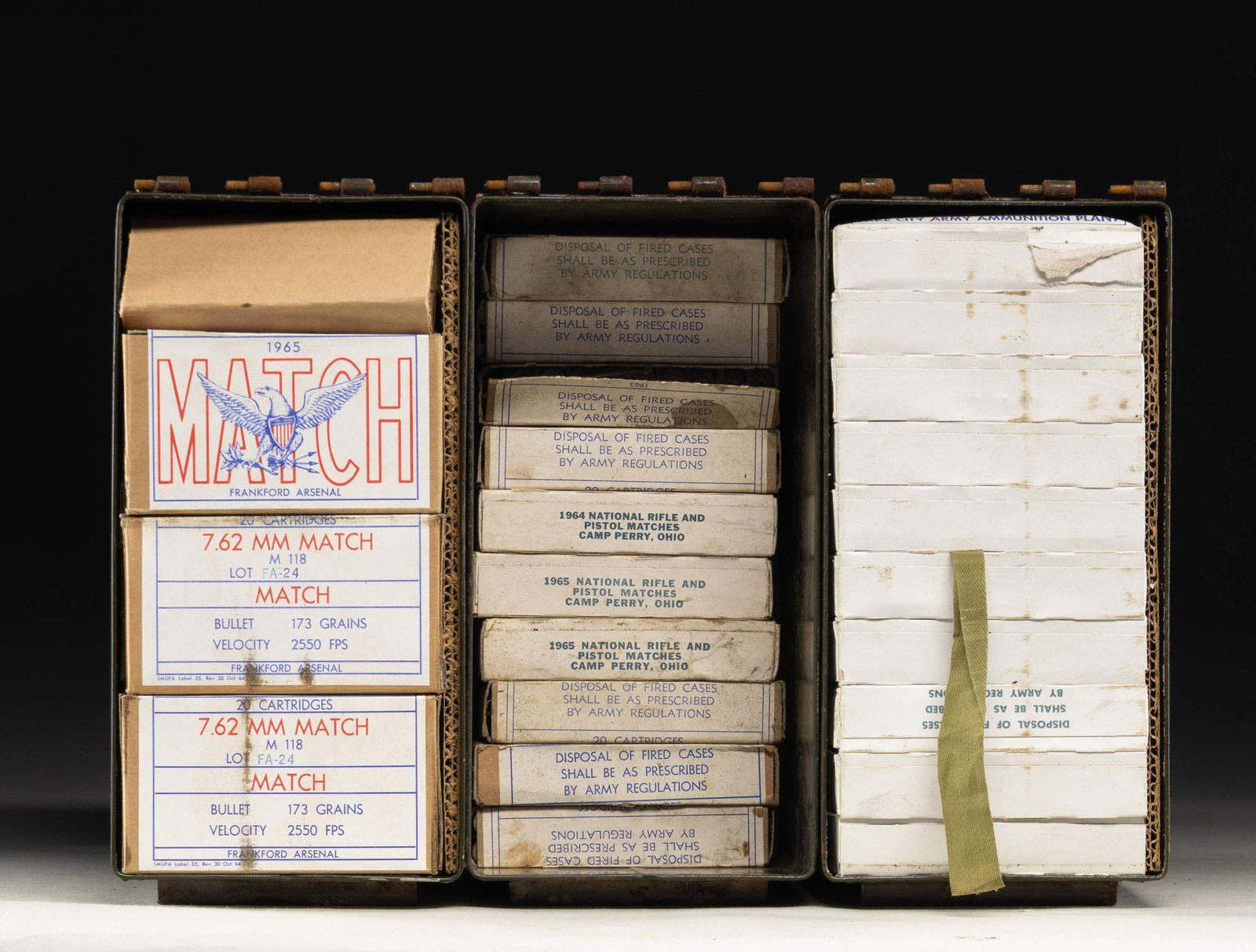 1,120 ROUNDS OF M118 MATCH 7.62 NATO AMMO.: All in 20 round boxes having 173 grain bullets within 3 ammo cans. 460 rounds are Lake City dated 1970; balance is Frankford Arsenal dated 1965. CONDITION: all ammo is near excellent. 46 box