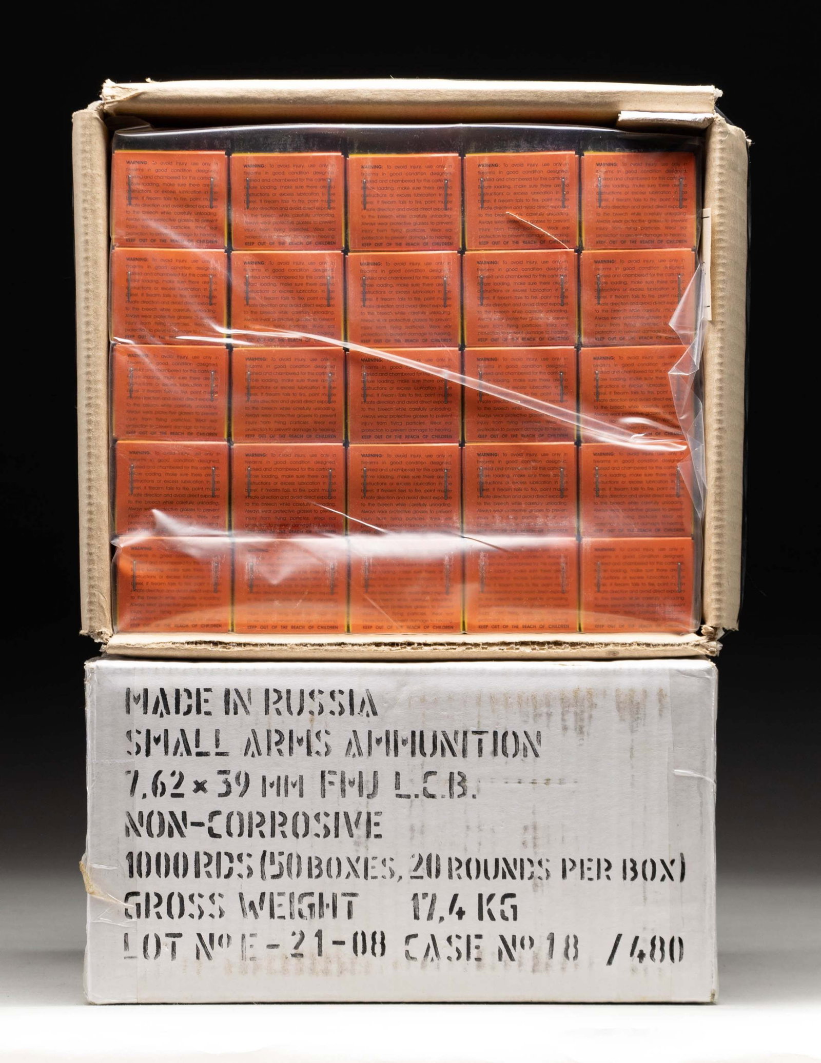 2,000 RDS. OF RUSSIAN GOLDEN TIGER 7.62X39 AMMO.: 2 Cases or 100 Boxes 124 gr. FMJBT, steel case, lead core, non-corrosive. CONDITION: 1 case sealed, other open with plastic sealed over boxes intact. (02-26594-3/MD). AMMO. $500-1,000.