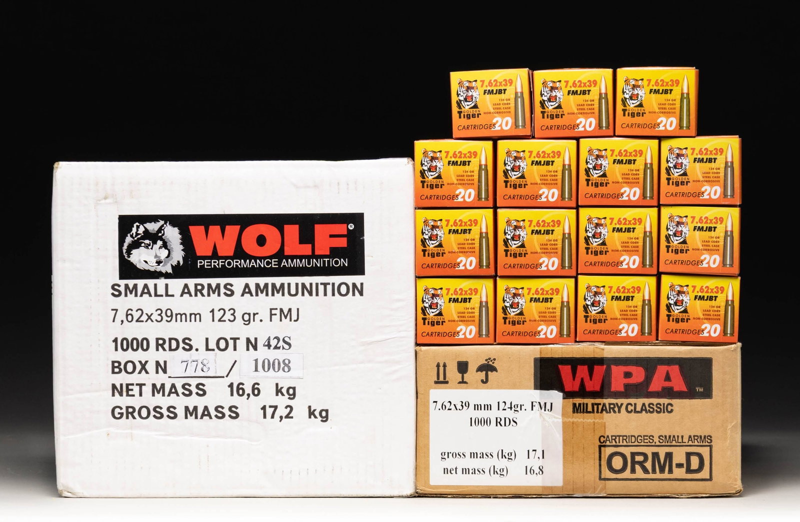 2,300 RDS RUSSIAN COMMERCIAL 7.62x39 AMMO.: 1 CASE (1000 rds.) Wolf 123 gr. FMJ.1 CASE (1000 rds.) WPA 124 gr. FMJ.15 BOXES (300 rds.) OF Golden Tiger 134 gr. FMJBT lead core. CONDITION: cases sealed as is. Boxes in near excellent condition; am