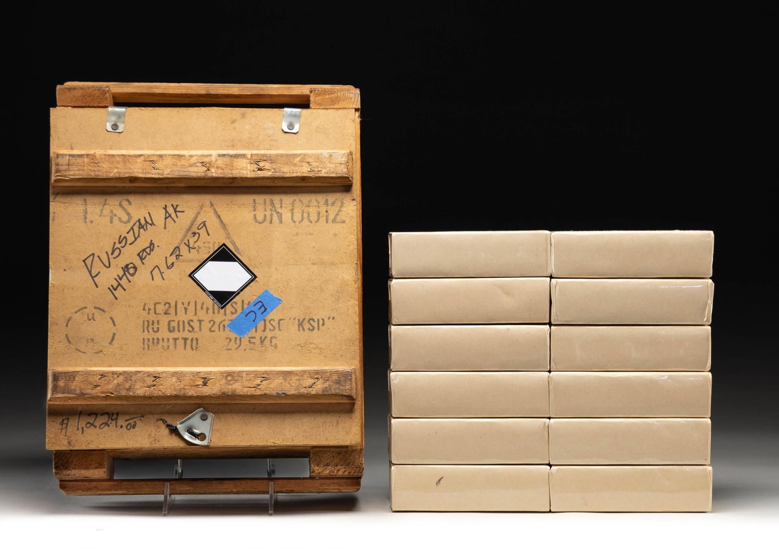 1440 RD. CRATE OF RUSSIAN 7.62X39 AMMO.: 1440 rd. crate of Russian 7.62x39 ammo. Non corrosive in bricks. Ammo appears to be hollowpoint. One brick is open but balance are sealed. CONDITION: very good or better. (02-26508/MJC). AMMO. $500-80