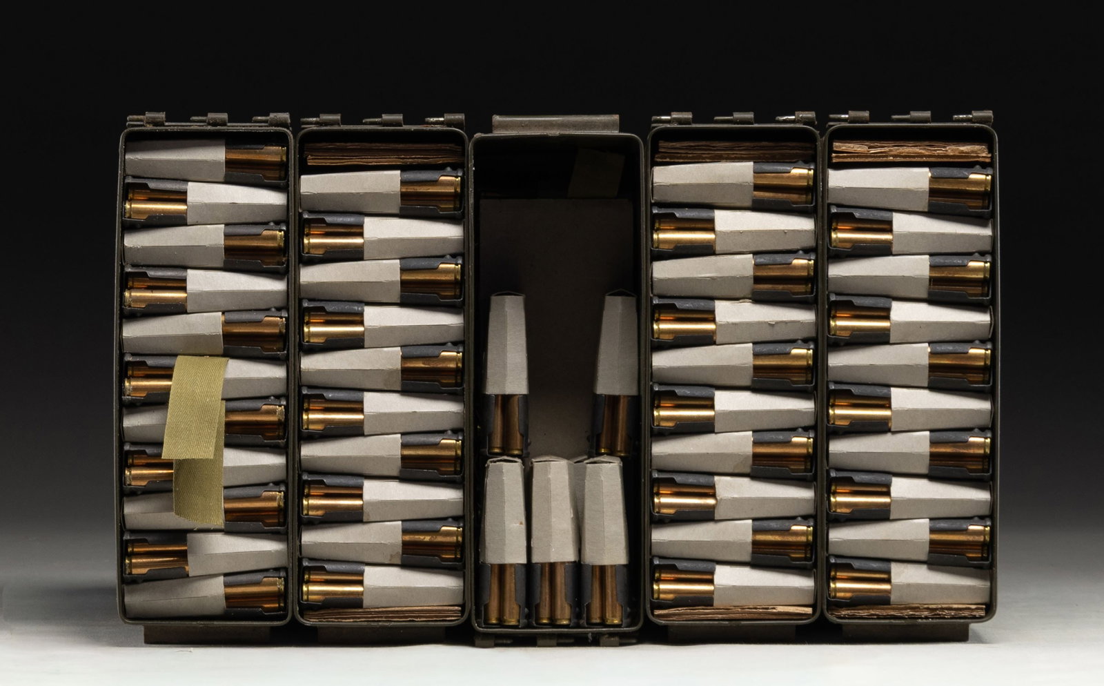 LOT OF ABOUT 1140 RDS. OF LC 30-06 MATCH FMJ AMMO.: This lot consists of about 1140 rds. of 1960's dated Lake City 30-06 FMJ ammo. Ammo is on 8 rd. Garand clips & further housed in USGI 30 cal. ammo cans. CONDITION: ammo appears good to very good. Ammo