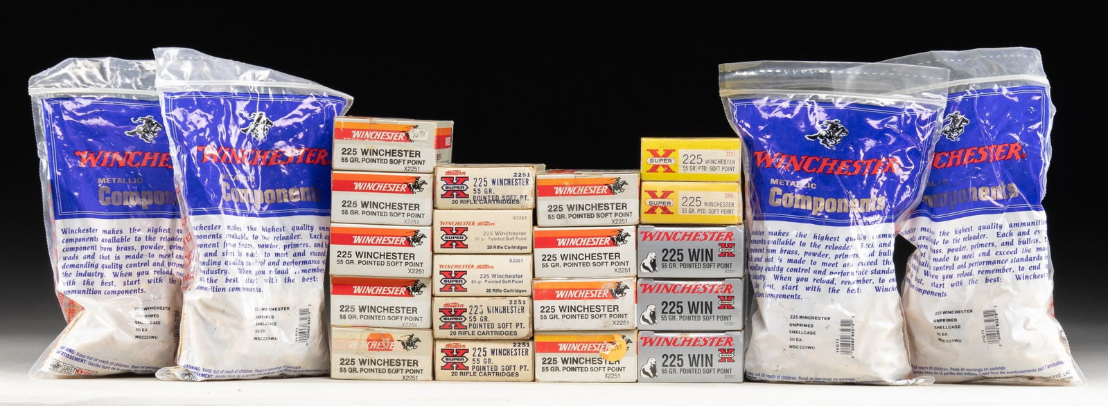 LOT OF 237 ROUNDS OF .225 WINCHESTER AMMUNITION: WITH 340 CASINGS. Lot of .225 Winchester ammunition and casings, including: x12 20-rd. boxes (x1 box with 3 spent casings, 237-rds. total) of Winchester .225 Winchester, 55 grain Point Soft Point (Cat