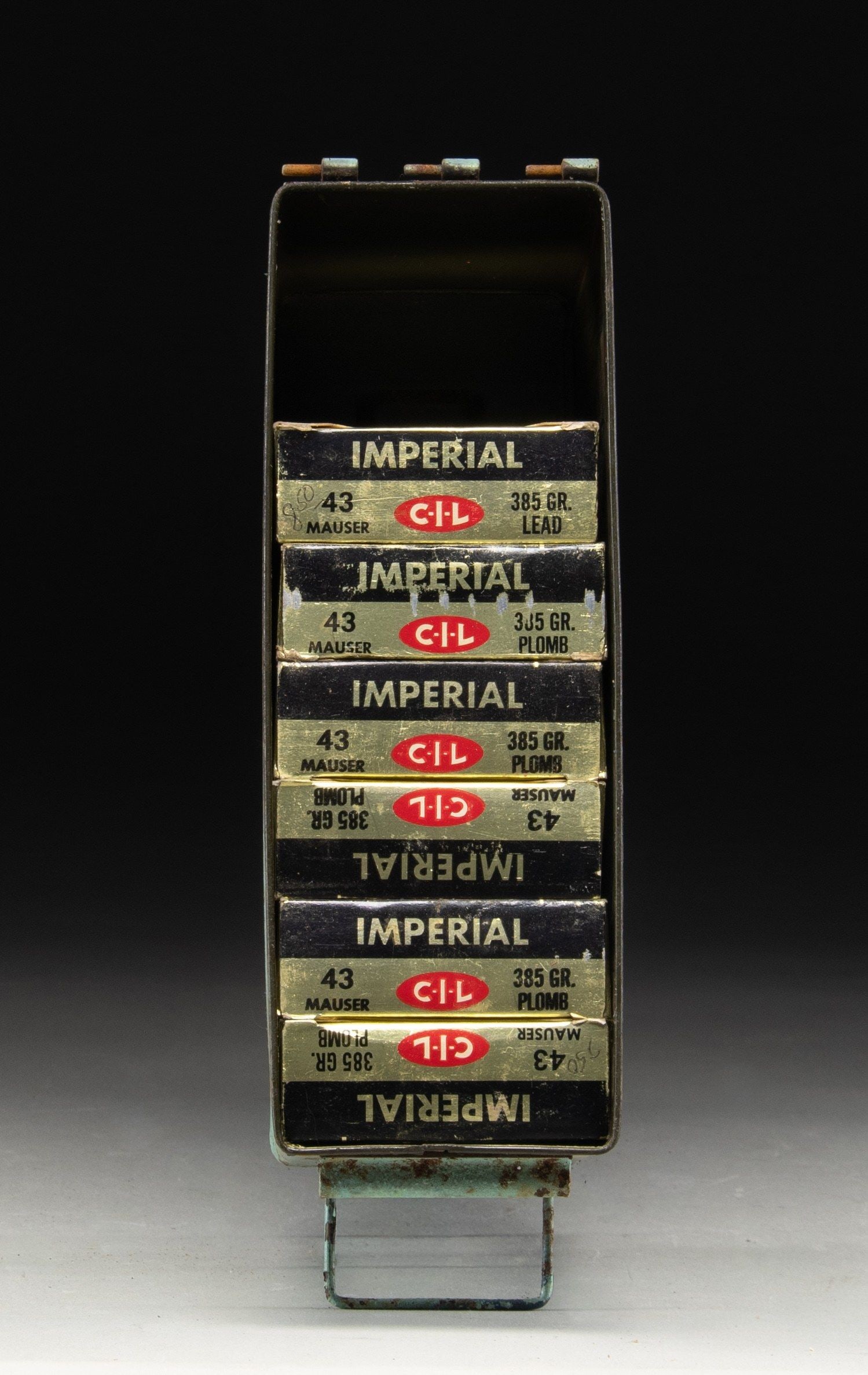 120 RDS. OF IMPERIAL 43 MAUSER AMMO.: This lot consists of 120 rds. of Imperial (Canada) brand 11mm/43 Mauser 385 gr. lead ammo in 20 rd. boxes. Ammo is further housed in a silver painted GI 30 Cal. ammo can. CONDITION: ammo shows scatter