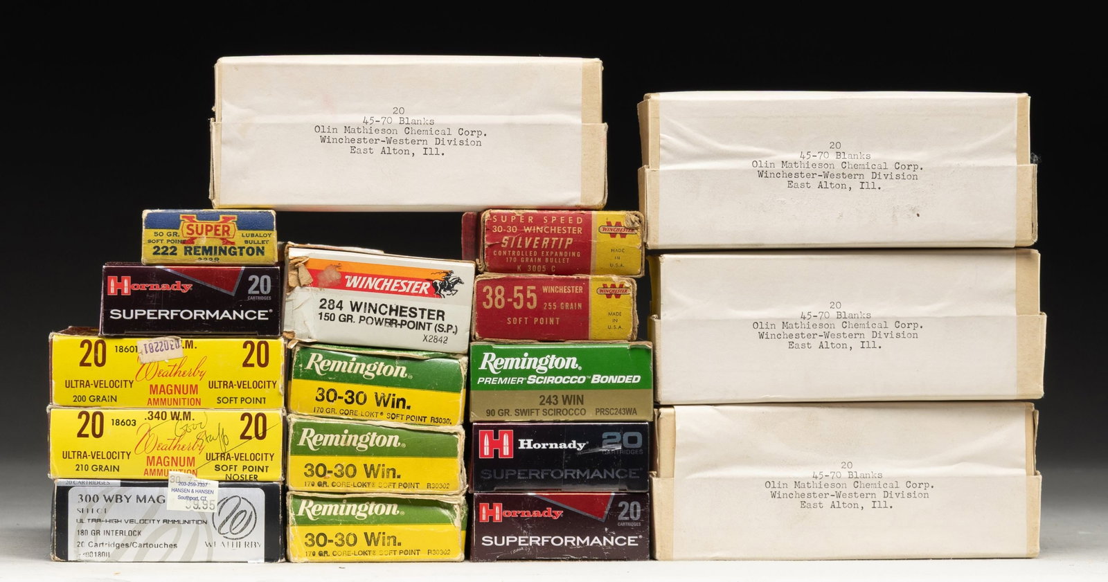 LOT OF ASSORTED RIFLE CALIBER AMMUNITION.: Lot of assorted rifle caliber ammunition, including: 1) x1 20-rd. box (5 empty cases, 15-rds. remaining) of Western Super-X .222 Remington, 50 grain, soft point ammunition. 3) x3 20-rd. boxes (x1 box 