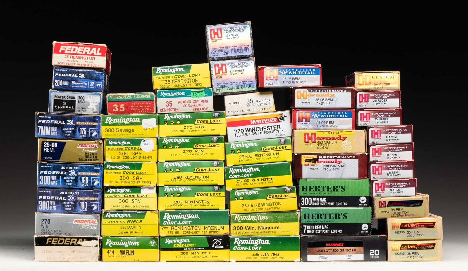 HUNTING AMMO.: FULL 20 RD. BOXES:1 Box of Barnes 458 Lott 500 gr. TSX FB.1 Box Hornady 450 Marlin 350 gr. FP.2 Boxes Rem. 444 Marlin 240 gr. soft point.2 Boxes Rem. 250 Rem. 165 gr. SP.4 Boxes Hornady 222 Rem. 50