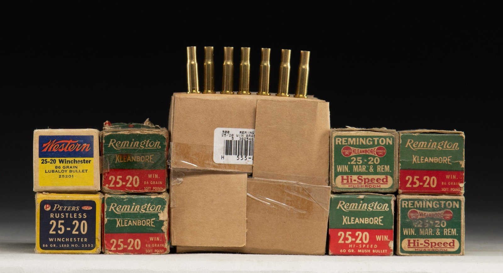 7 BOXES OF 25-20 AMMO PLUS 500 NEW BRASS CASINGS.: Vintage boxes in fair to good condition unless noted. All ammo is at least good plus condition with most being very good. 2 boxes of Remington having 60 grain Mushroom bullets (hollow points); 1 of th