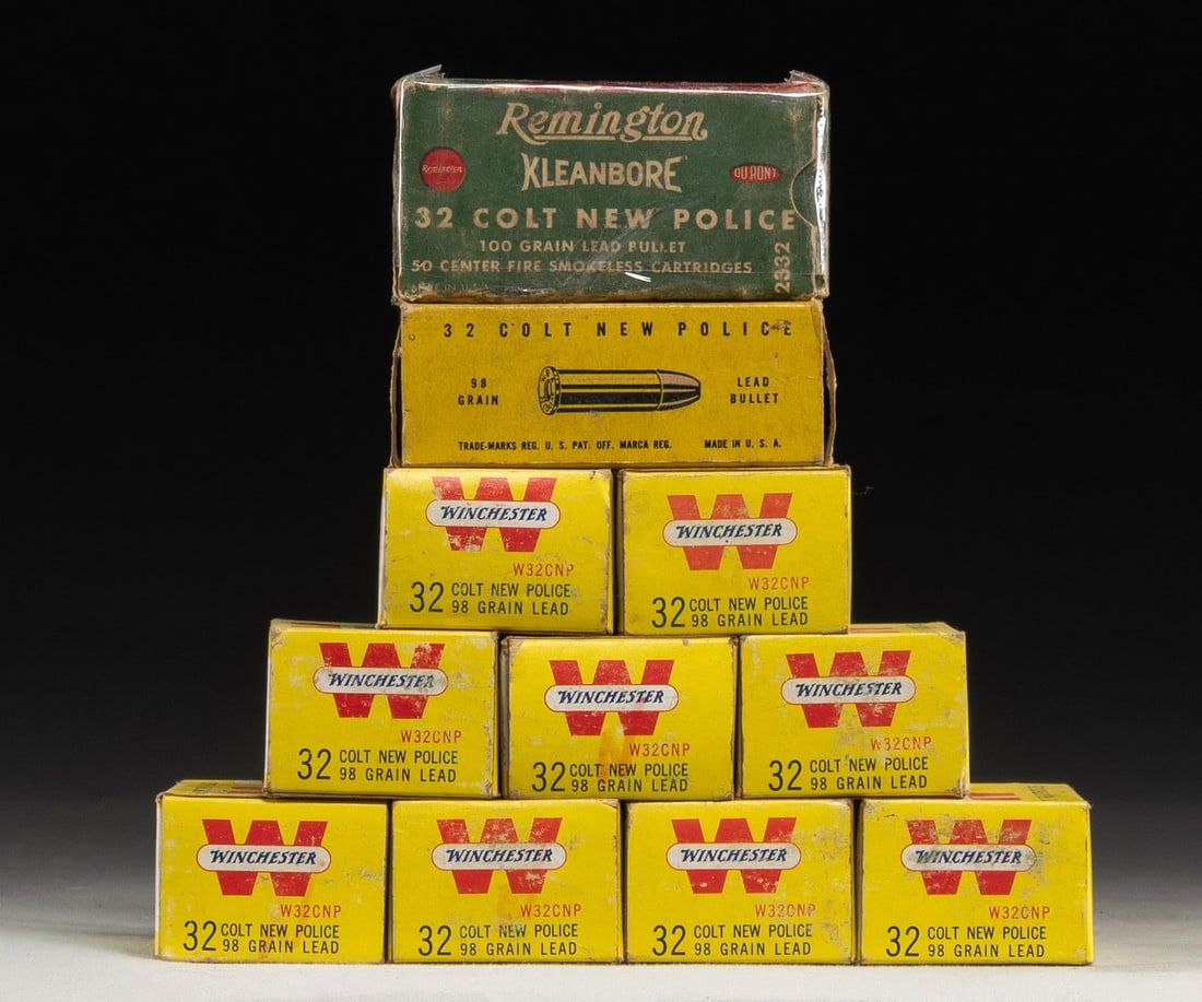 11 VINTAGE BOXES OF 32 COLT NEW POLICE AMMO.: 9 yellow Winchester boxes that are in very good to excellent condition with near excellent ammo being loaded with 98 grain lead bullets. / 1 good red-yellow Winchester box with near excellent 98