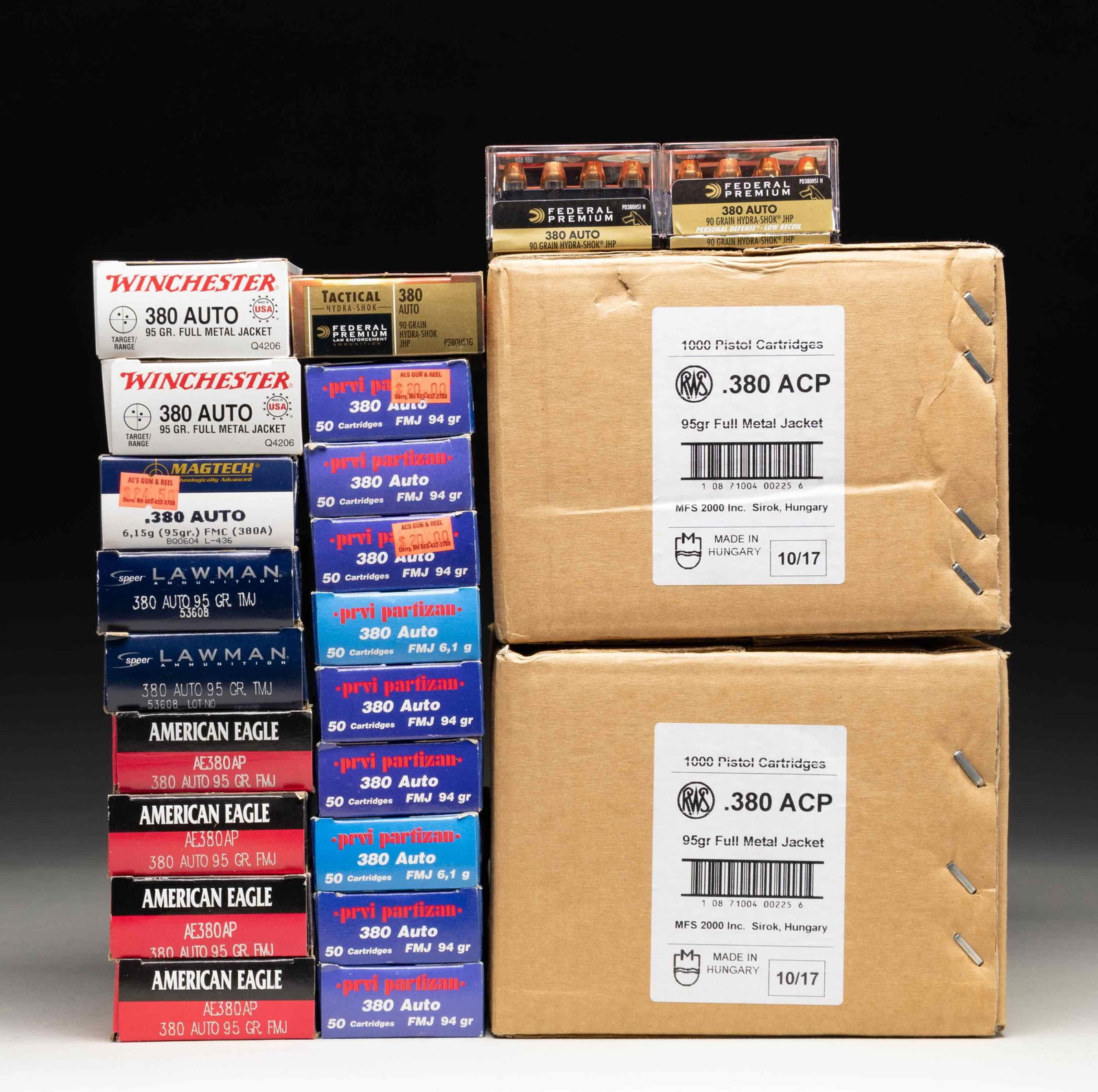 2 CASES & 21 BOXES OF 380 ACP AMMO: HOLLOW POINT AMMO:3 Boxes (90 rds.) Federal 90 gr. Hydra-Shok JHP.FMJ STYLE AMMO:2 Case (2000 rds.) RWS 95 gr., FMJ.9 Boxes (450 rds.) Prvi Partizan 94 gr. FMJ.4 Boxes (200 rds.) American Eagle 95