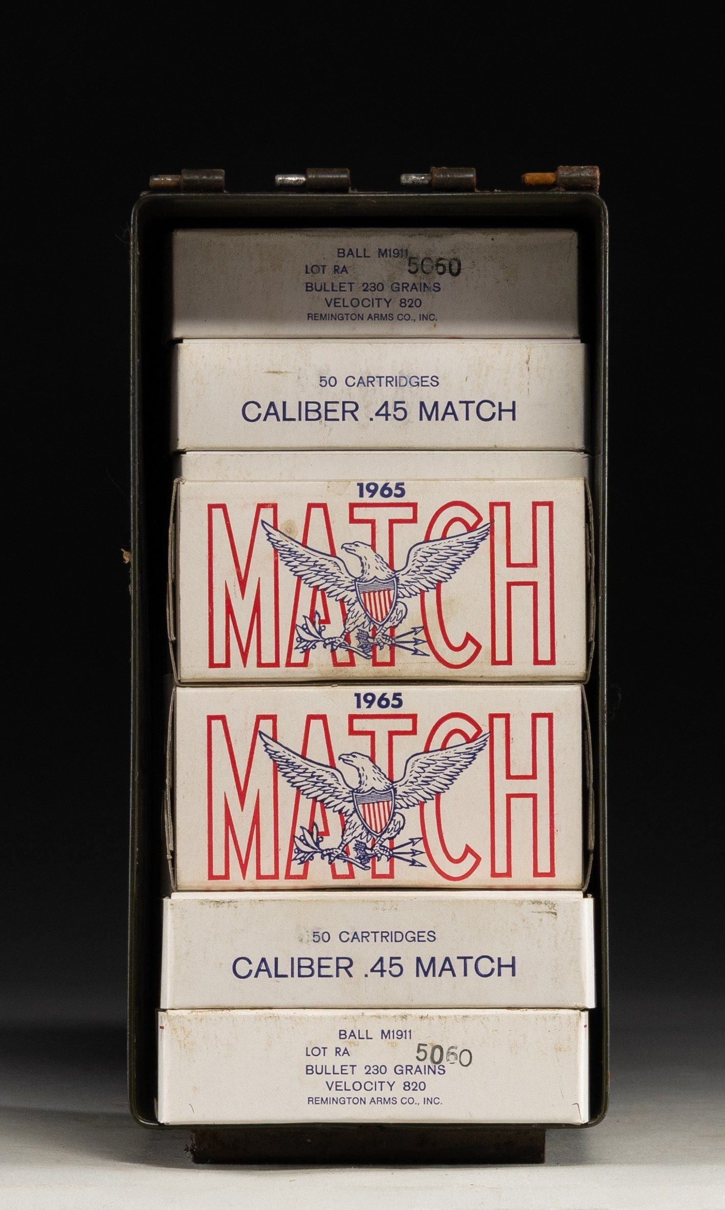 1,000 ROUNDS OF US MILITARY 45 ACP MATCH AMMO.: Packed in standard 50 round boxes within steel US Military ammo can. All lot RA (Remington Arms) having 230 grain bullets, 1965 date and 820 FPS velocity. CONDITION: near excellent ammo and boxes;