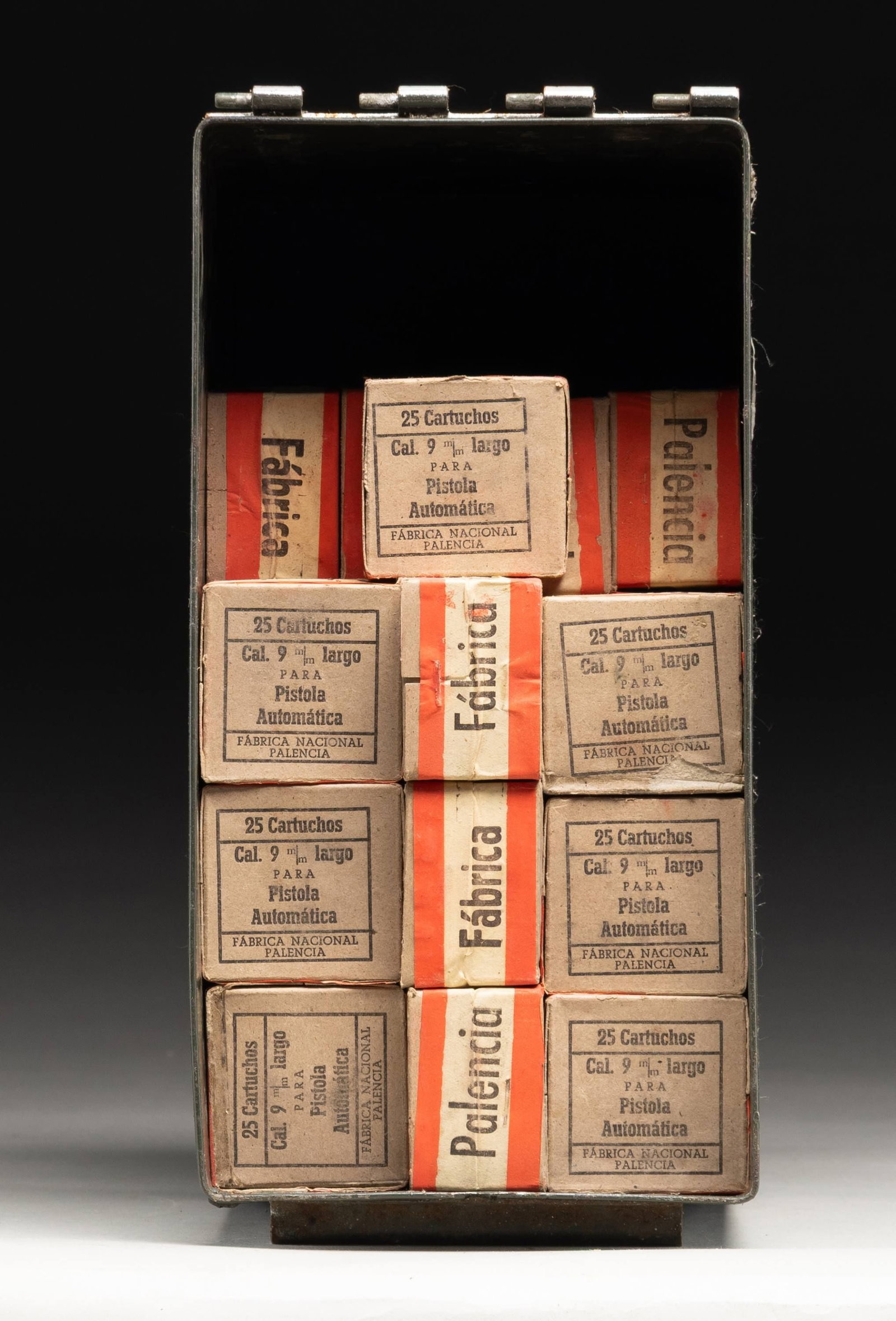LOT OF ABOUT 950 RDS. OF SPANISH 9MM LARGO AMMO.: This lot consists of about 950 rds. of Spanish 9mm Largo surplus dated 1948. Ammo is in 25 rd. boxes & is further housed in a USGI style 50 Cal ammo can. CONDITION: boxes show varying degrees of