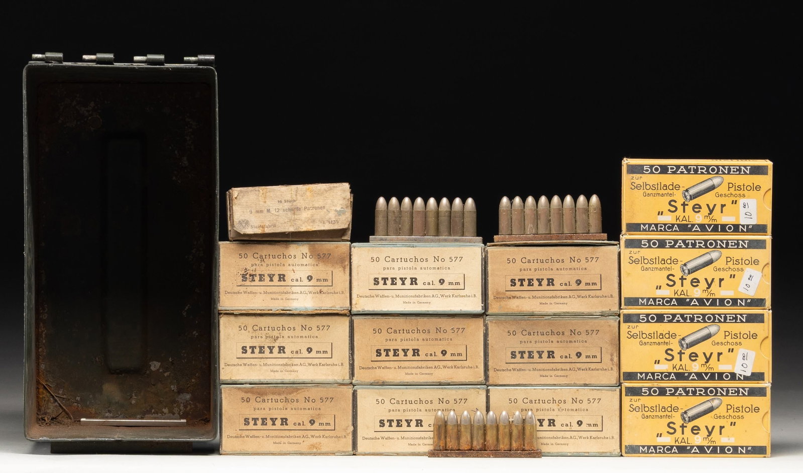 ABOUT 500 RDS. OF 9MM STEYR AMMO.: This lot consists of about 500 rds. of vintage 9mm Steyr FMJ ammo. This is 9x23 for the Steyr Hahn pistol not the common 9x19 Parabellum. Ammo is a mix of RWS & DWM made & is mostly in 50 rd. boxes. I