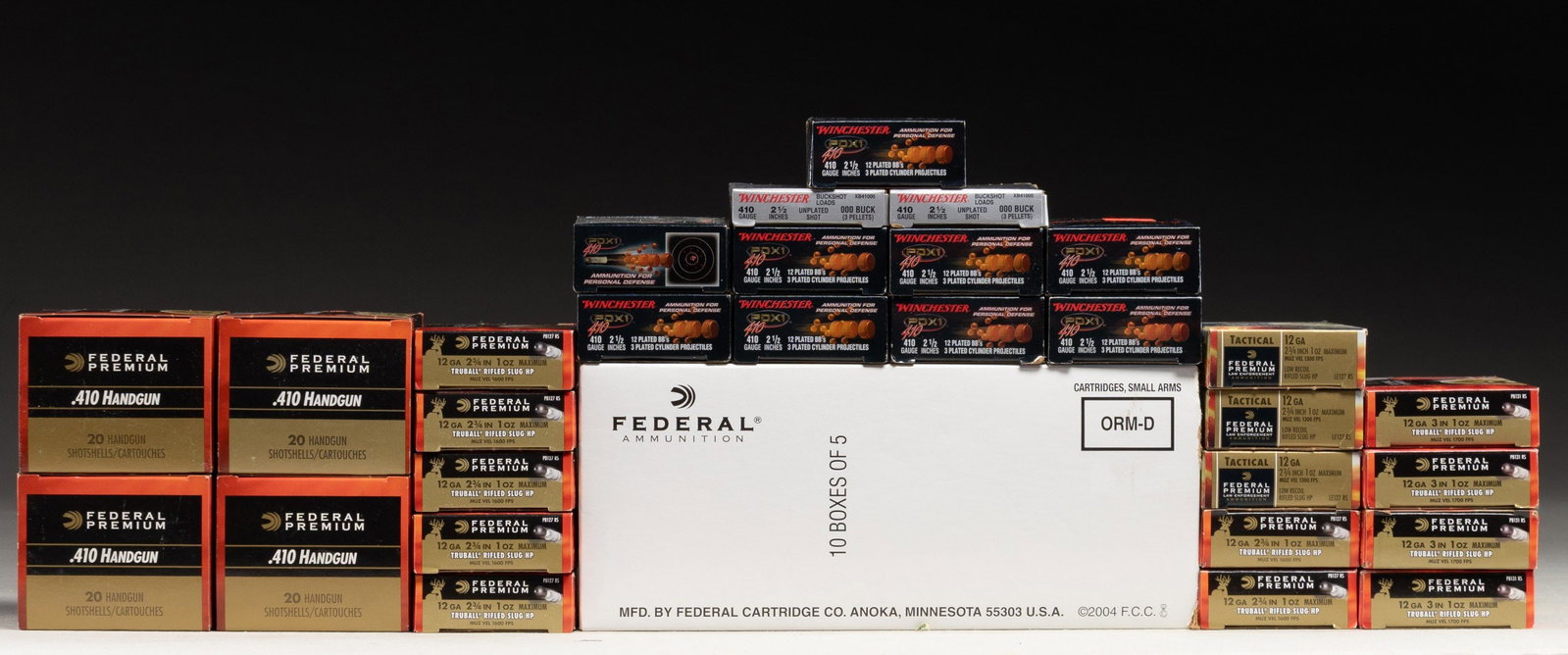 MIXED SHOTSHELL AMMO LOT.: This lot consists of the following shotshells: 1) 65 rds. of Federal Tactical 12 ga. 2 3/4" slugs. 2) 55 rds. of Federal 12 Ga. 2 3/4" Truball Rifled slugs. 3) 80 rds. of Federal 410 Handgun 2 1/2" 4 