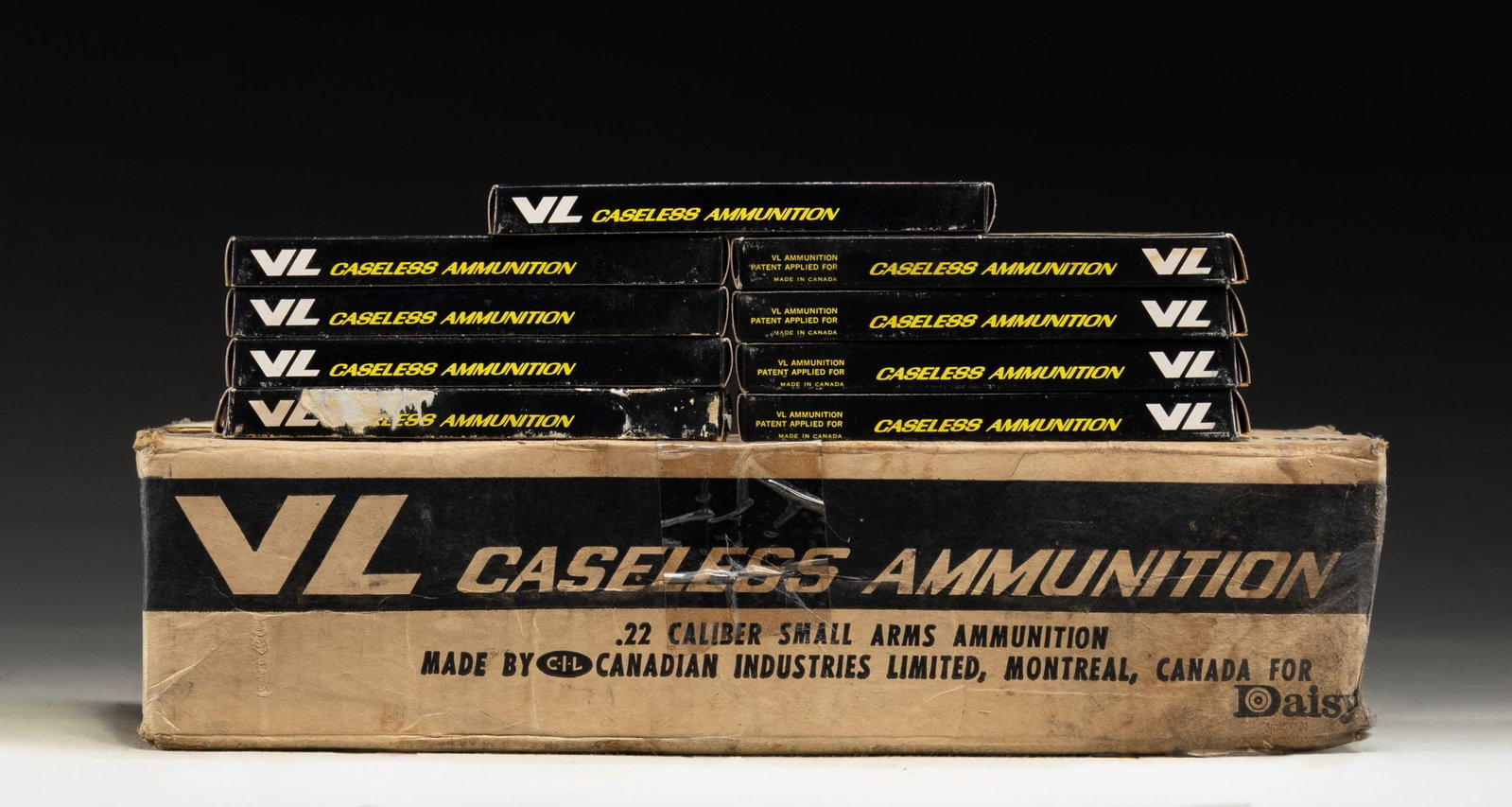 5,900 ROUNDS OF DAISY 22 CASELESS AMMO.: Sealed case of 5,000 rounds plus 9 sleeves of 100 rounds each. Daisy produced the rifles for this ammo from 1967-1969 until having to halt due to the Gun Control Act of 1968. The ammo has a lead