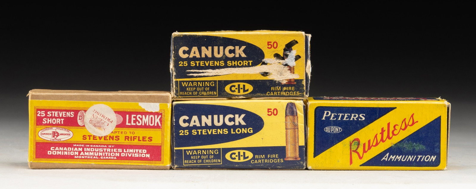 LOT OF 4 BOXES OF STEVENS .25 RIMFIRE AMMUNITION.: Lot of 4 50-rd. (200-rds. total) of Stevens rimfire ammunition, including: 1) x1 50-rd. box of .25 Stevens Short rimfire ammunition mfg. by Canadian Industries Limited. Box is constructed of plain