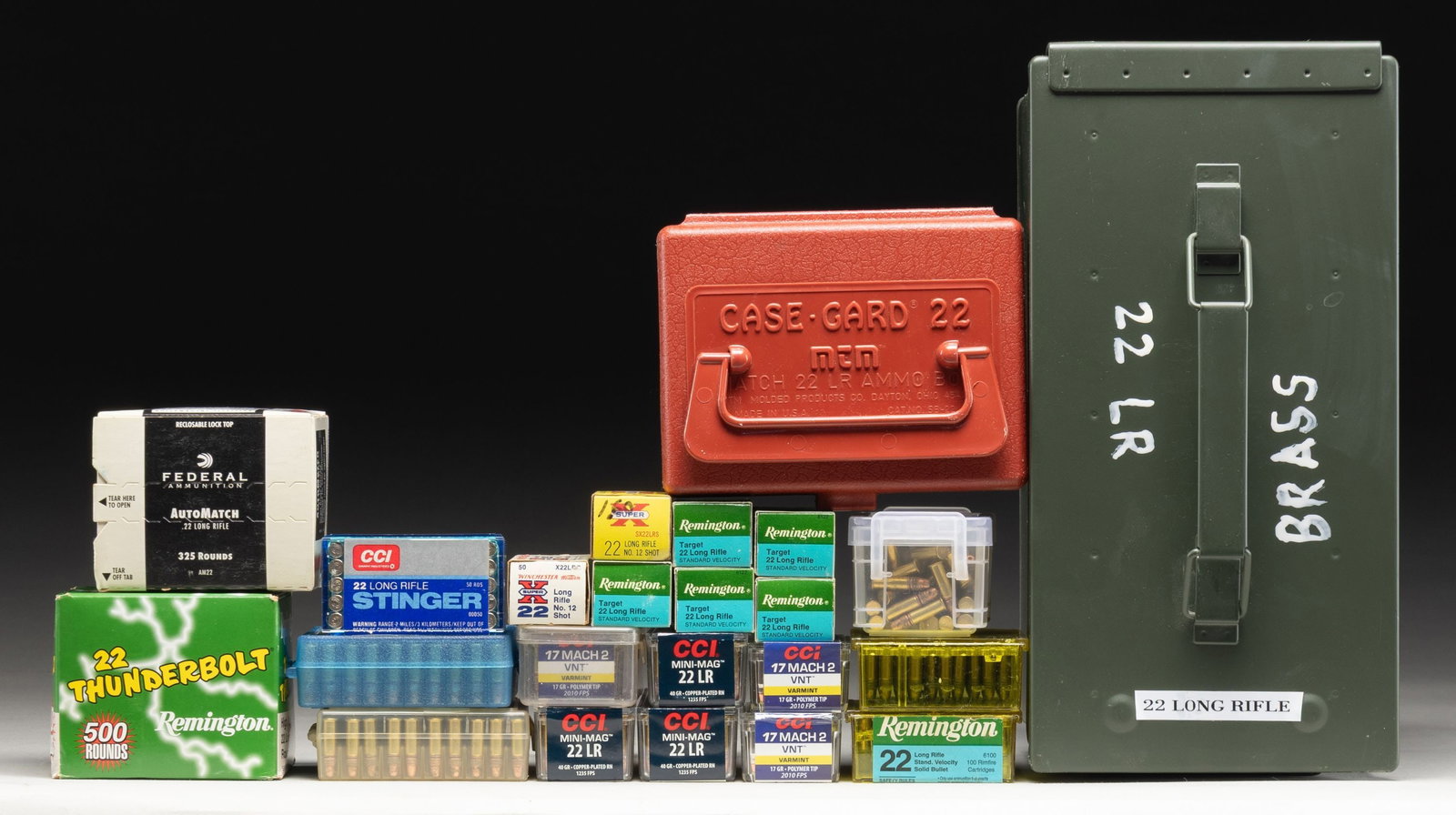 RIMFIRE AMMO LOT.: This lot consists of the following ammo: 1) 300 rds. of CCI 22 LR 40 gr. Mini Mag. 2) 325 rd. pack of Federal Automatch 22 LR for semi auto rifles. 3) 500 rd. brick of Remington 22 LR Thunderbolt. 4) 