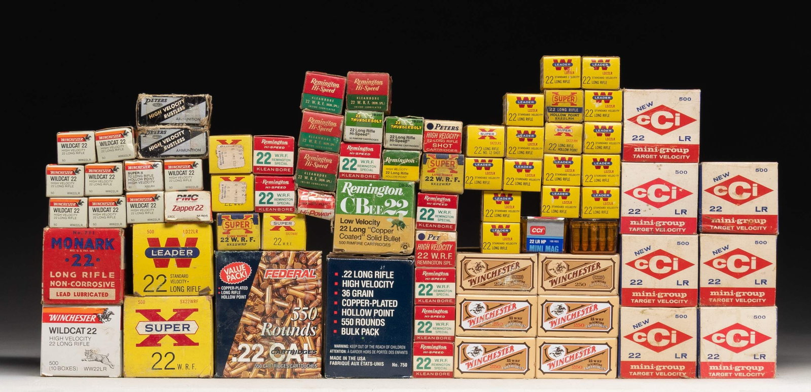 22 RIMFIRE AMMO; 22 LONG, LONG RIFLE AND W.R.F.: 185 boxes total to include quantities in bricks and bulk packs. Unless noted, bricks contain 10 boxes and boxes are 50 rounds each. 22 LONG RIFLE: 5 bricks of CCI Mini-Group Target Velocity. / 1