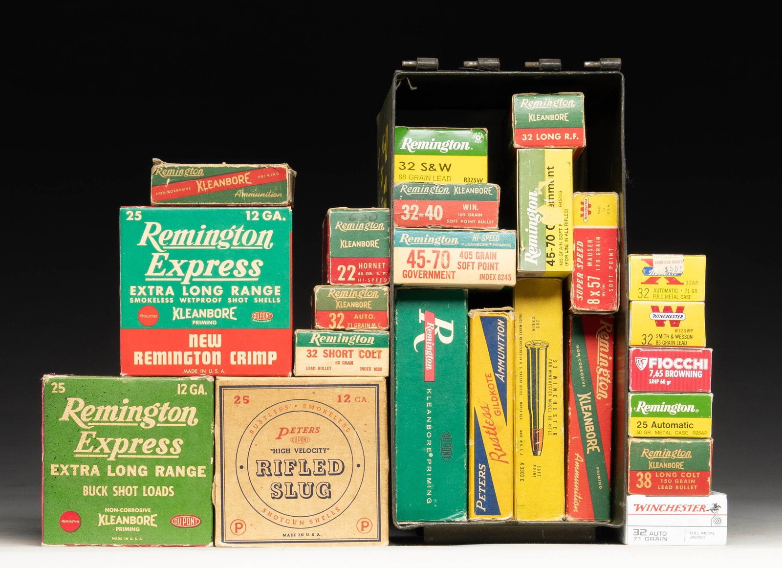 MIXED AMMO LOT.: This lot consists of the following ammo: 1) Partial box of vintage 8x57mm Mauser Winchester 170 gr. SP. 2) Partial box of vintage Remington 44-40 200 gr. SP. 3) Two full 20 rd. boxes of Remington