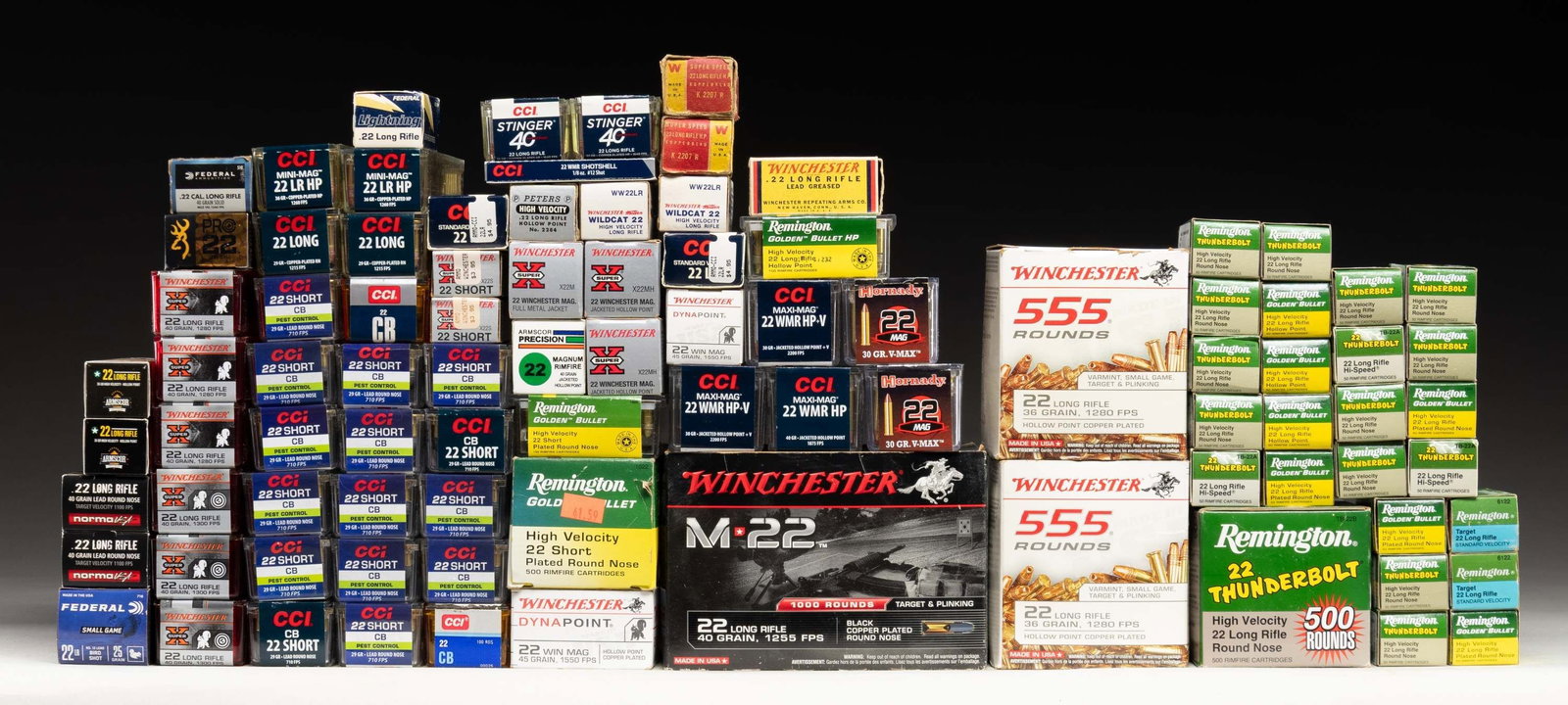 RIMFIRE AMMO.: LOT CONTAINS HOLLOW POINT AMMO.FULL 50 Rd. BOXES2 Boxes Win. 22 Short.10 Boxes 22 mag 41 Boxes 22 lr FULL 100 RD. BOXES17 Boxes CCI 22 Short.1 Box Rem. 22 Short 2 Boxes CCI 22 Long.11 Boxes 22 LR.