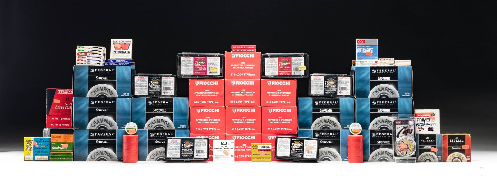 ASSORTED GROUPING OF SHOT SHELL PRIMERS,: PERCUSSION CAPS, PYRODEX PELLETS AND PARTIAL BOXES OF ASSORTED PRIMERS. SHOT SHELL PRIMERS: (Federal) No.209A. 10 boxes of 1,000 primers and 1 package of 100 primers. / (Fiocchi) 616 (.209 TYPE) SUR.