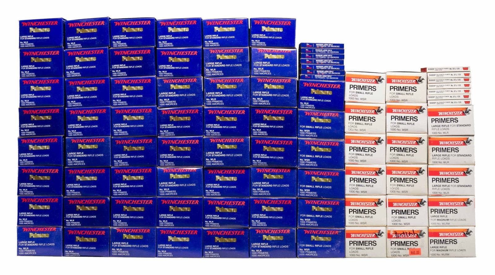 WINCHESTER LARGE & SMALL RIFLE RELOADING PRIMERS.: Most primers are in their original factory 1,000 round cartons. Primers are catalogued by part number, packaging details and colors may vary. LARGE RIFLE: WLR for Standard Rifle Loads. 52 boxes of