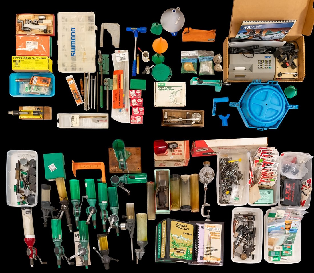 LARGE GROUPING OF RELOADING TOOLS & RELATED: ACCESSORIES. Notable items include 8 RCBS Uniflow powder measures plus 1 each of Lyman 55, Redding & Hornaday. There are a number of spare drums and other small parts for these measures. PACT