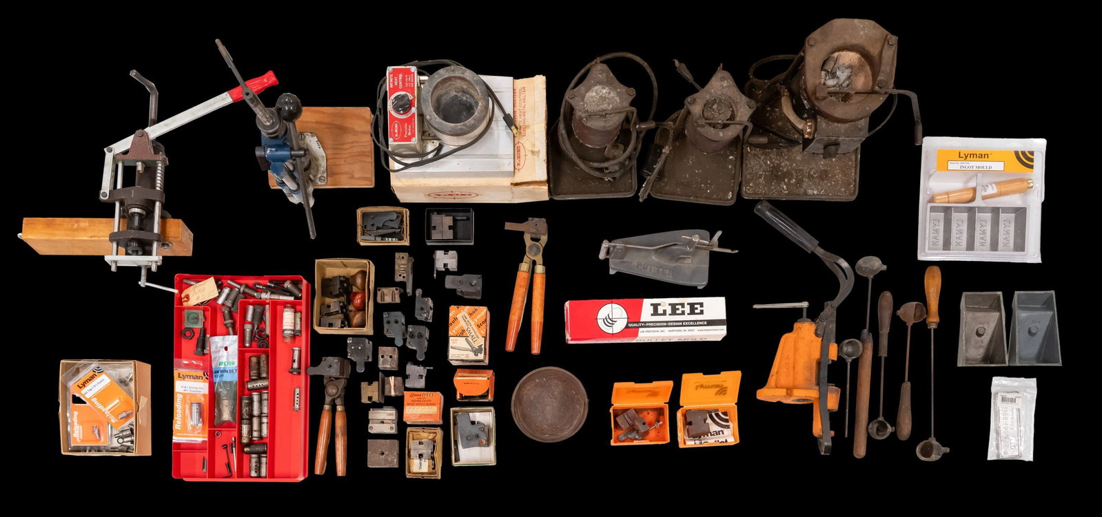 DESIRABLE GROUPING OF BULLET CASTING EQUIPMENT.: Notable items in the grouping includes a large Saeco electric furnace, two small Potter furnaces; one of which has no power cord, and a Lee precision melter. Lyman cast iron pot, Sizer and