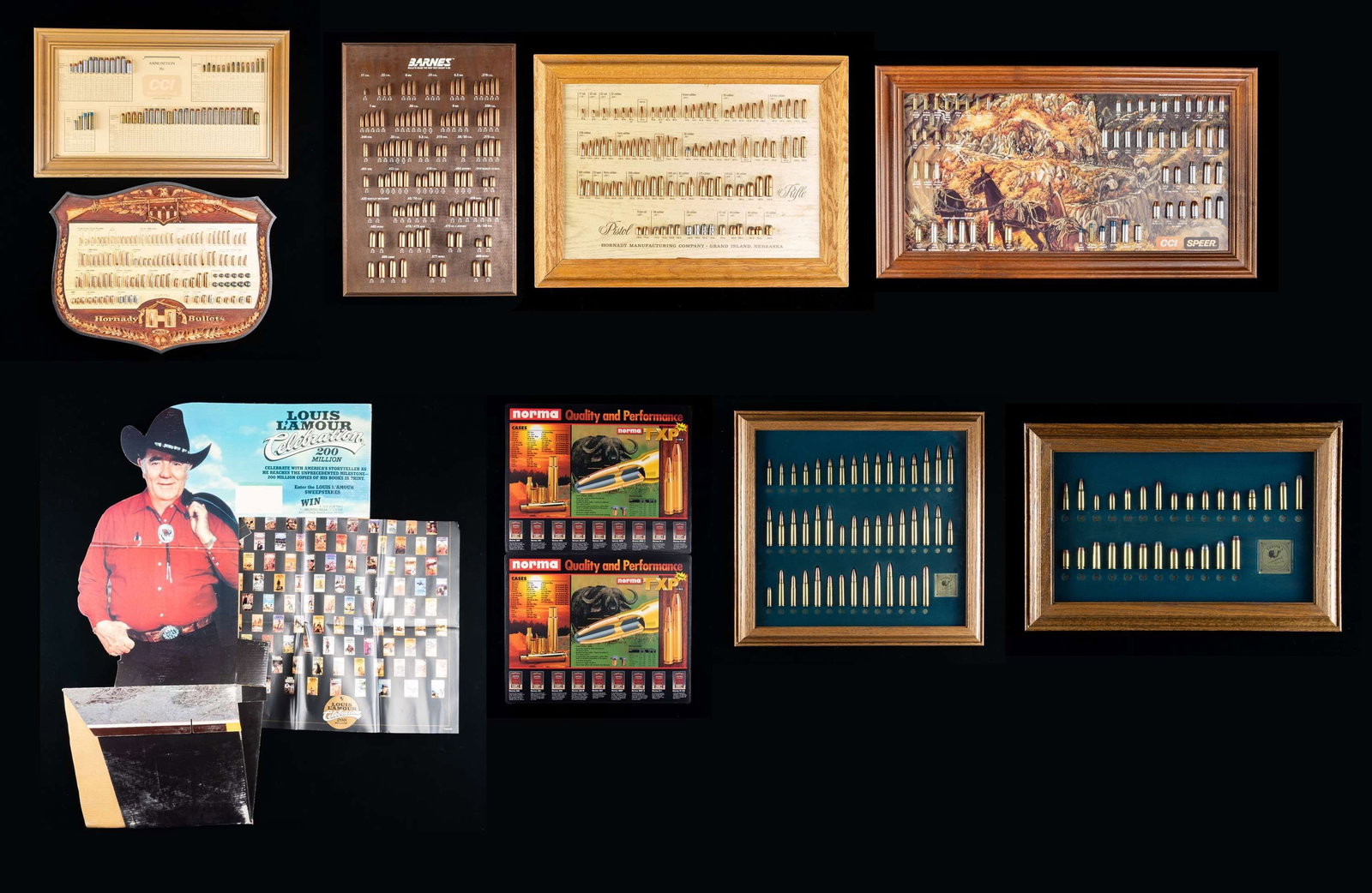 LOT OF CARTRIDGE & BULLET BOARD DISPLAYS.: This lot consists of the following: 1) Barnes Bullet Board. 104 varied bullets ranging from 22 cal all the way up to 600 Nitro Express. 2) Hornady Bullet Board. Appears complete with several calibers