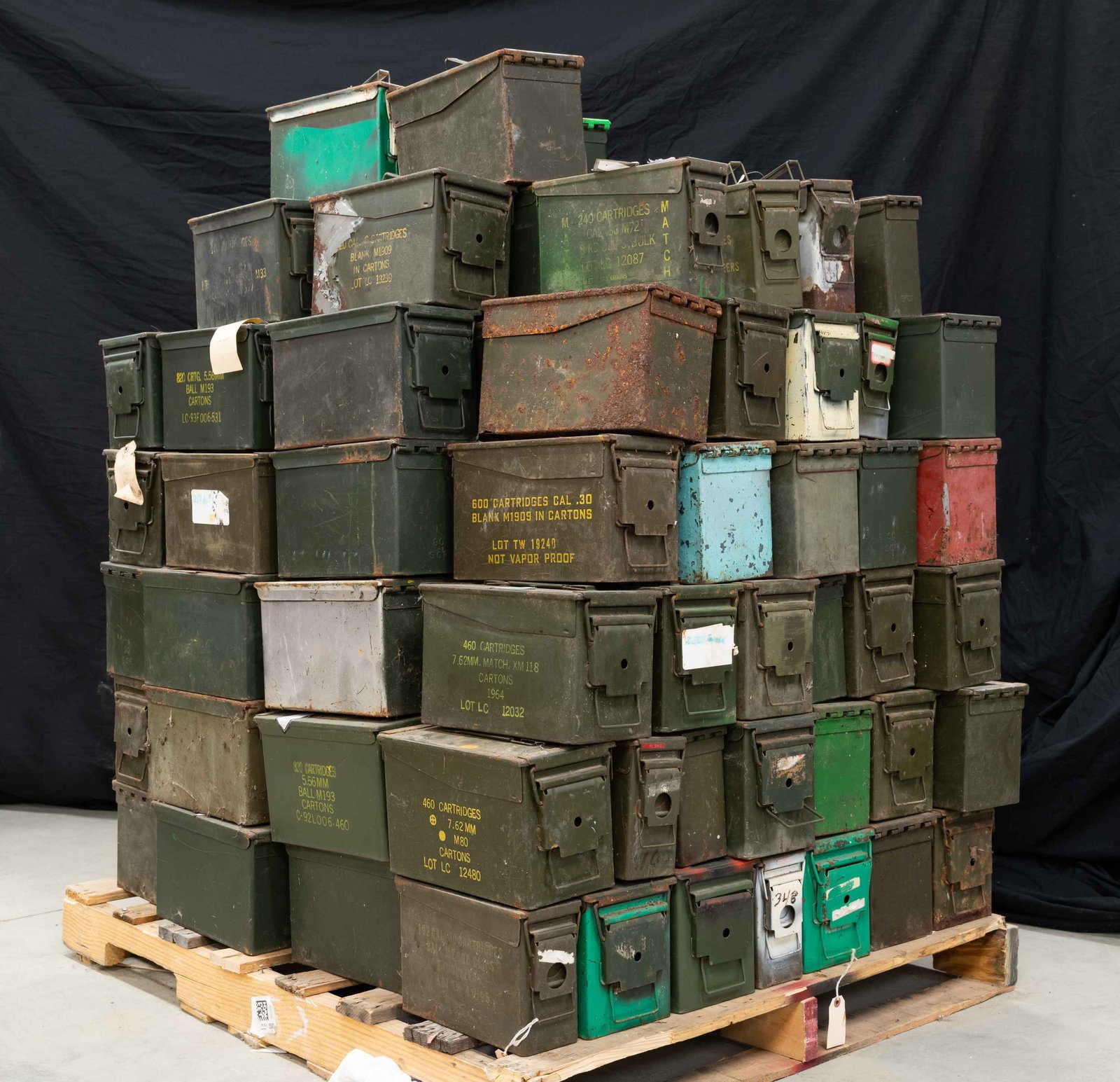 LARGE LOT OF 90+ METAL AMMO CANS.: CONDITION: fair to poor with various degree of heavy oxidation. (02-24634-44/MD). AMMO. $50-100.