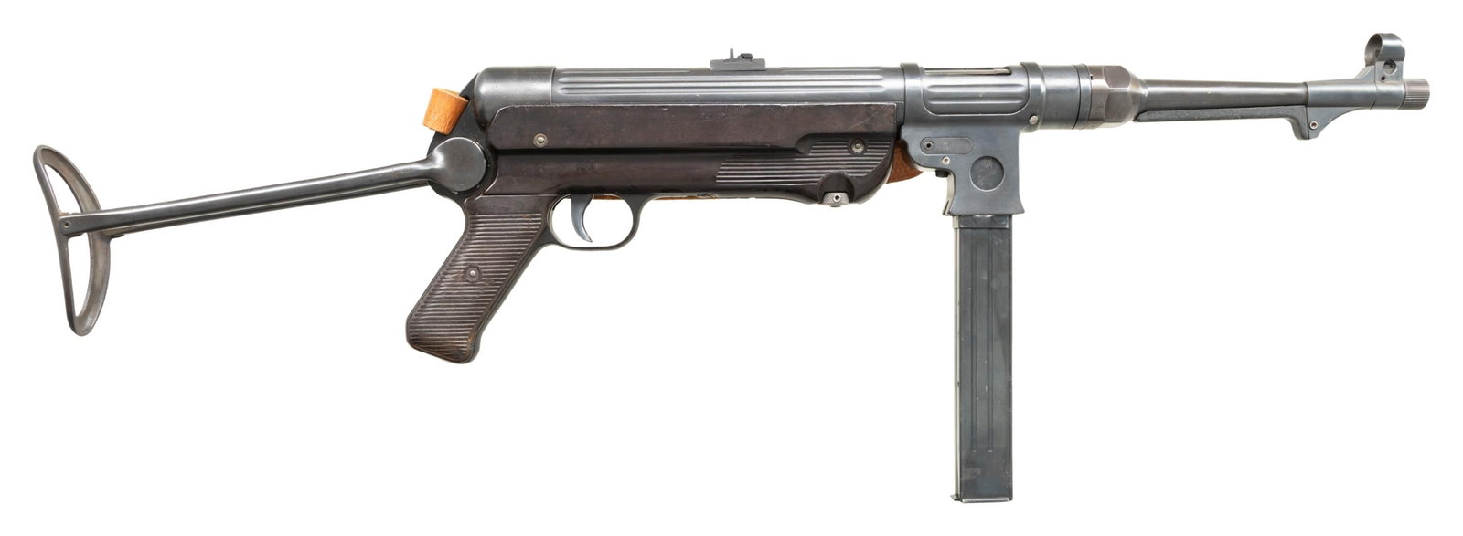 ALWAYS DESIRABLE SPECIAL WEAPONS CO. GERMAN WWII: MP38 SUBMACHINE GUN. Cal. 9 (9x19mm Parabellum). S# SWC1042. Bbl. 9 7/8". MP38 submachine gun assembled on a Special Weapons Co. registered tube. The left side of the receiver is marked with the S# (t