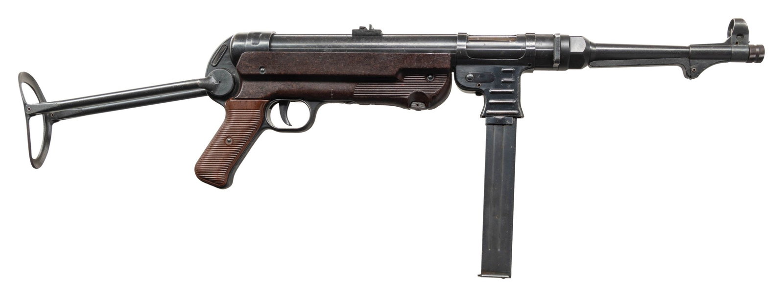FULLY TRANSFERABLE STEYR (BNZ42) MP-40 SUBMACHINE: GUN.Cal. 9mm. S# 16203. Bbl. 9 7/8". Standard MP40 sights. Bbl., bbl., extension & front of tube are matching to each other. Other visible parts are mismatched or unnumbered. Iconic WW2 German SMG. BN