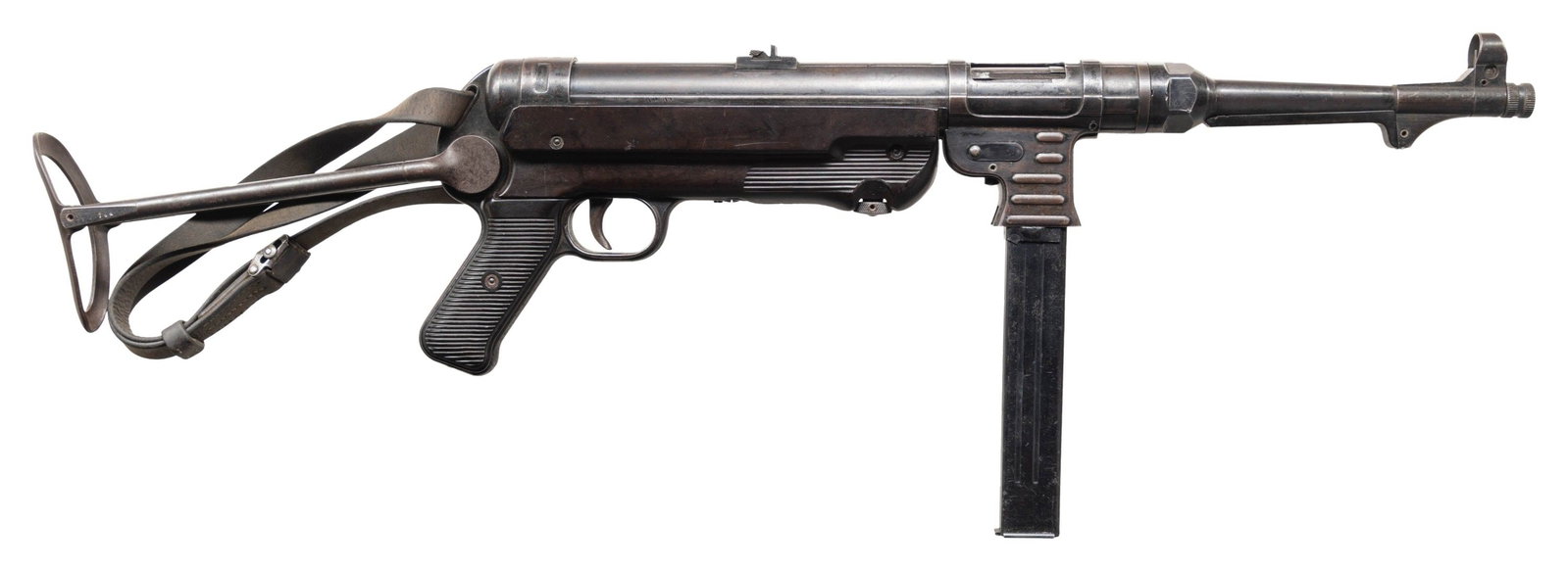 EARLY HAENEL FULLY TRANSFERABLE MP40 SUBMACHINE: GUN. Cal. 9mm. S# 2744. Bbl. 9 7/8". Standard MP40 sights. Resting bar is numbered "2205-1" likely a drawing number on underside & bolt parts are mismatched but other visible parts are matching. Early