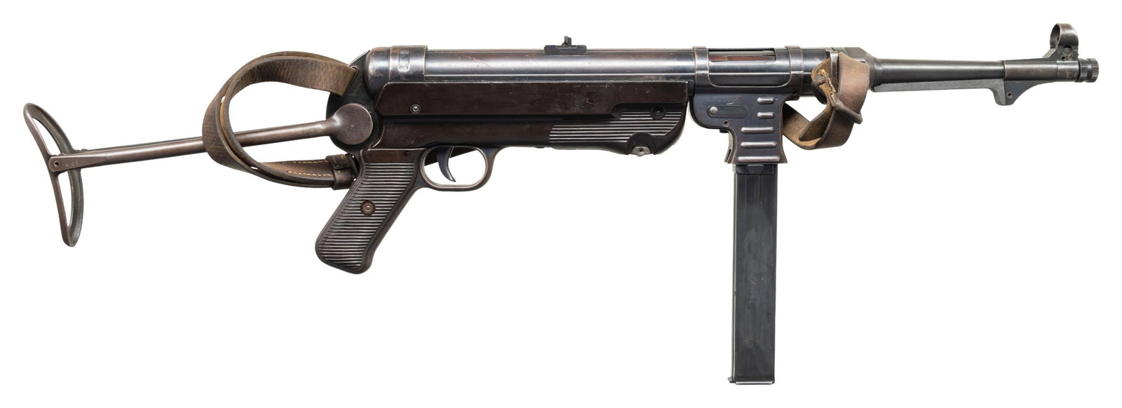 FULLY TRANSFERABLE WW2 GERMAN MP-40 SUBMACHINE GUN: Cal. 9mm. S# 9966. Bbl. 9 7/8". Standard MP40 sights. Early Steyr made (bnz41) example. NFA paperwork lists mfr. as "Schmeisser". Resting bar is unnumbered & front sight numbered "967" with 623 inspec