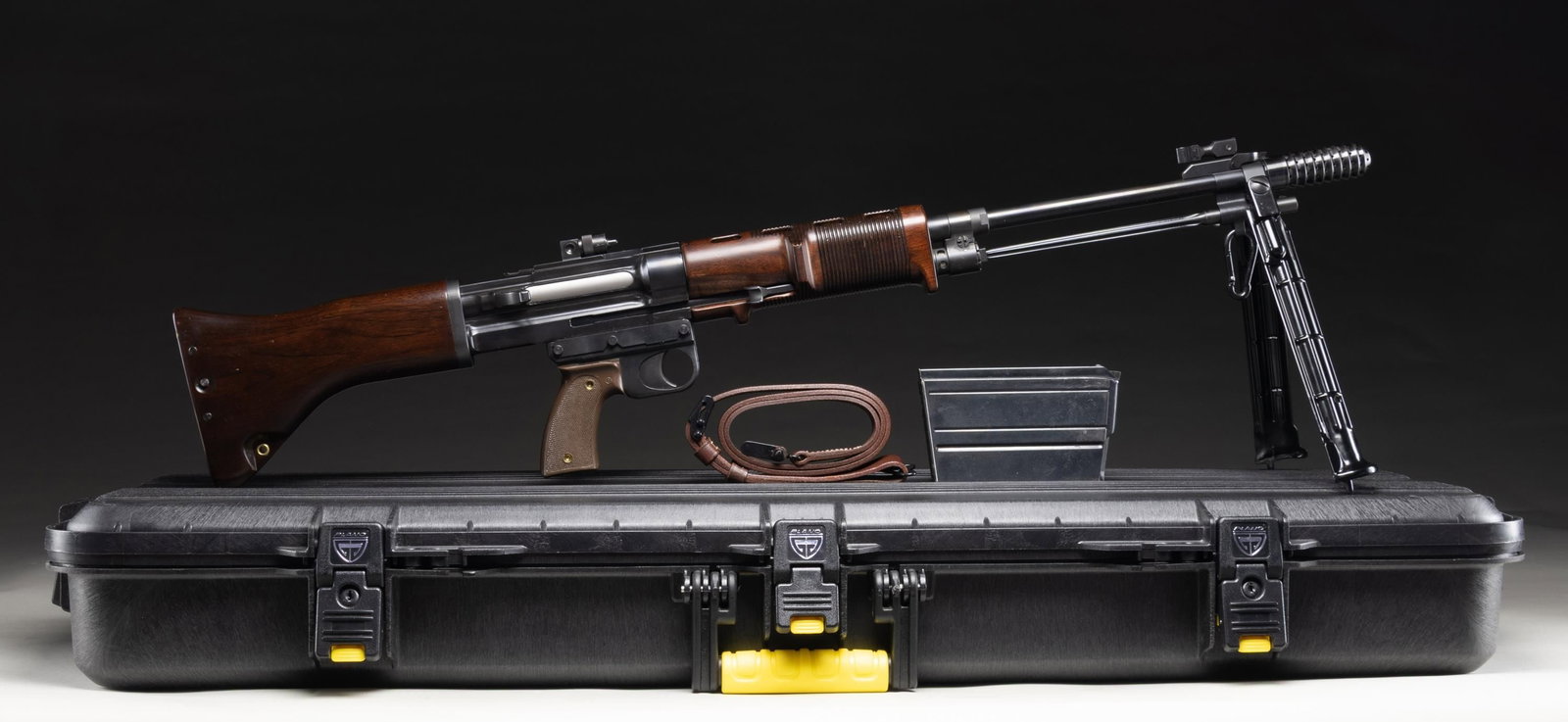 SMG GUNS FG-42 SEMI AUTO RIFLE.: Cal. 8x57 (8mm Mauser). S# FZS0263. Bbl. 19 3/4". Flip up hooded post front sight. Flip up aperture rear sight. Modern semi auto clone of the famous & rare German second type FG-42 made by SMG Guns of