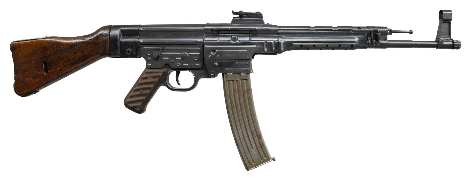 FULLY TRANSFERABLE GERMAN MP44 MACHINE GUN.: Cal. 8mm Kurz. S# 9754q. Bbl. 16 1/2". Blade front sight with hood. Tangent rear sight graduated to 800m. Buttstock & associated hardware are mismatched. Bolt, operating rod & lower assembly are all m